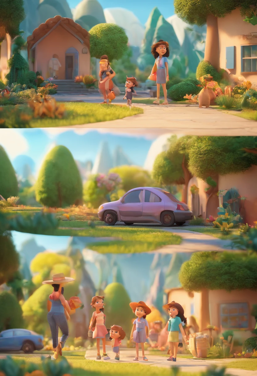 Estilo Pixar: Familia, Um pai, A mother and two girls. Uma de 6 anos e outro de 2 anos . Uma fazenda com vacas lindas e marrom .