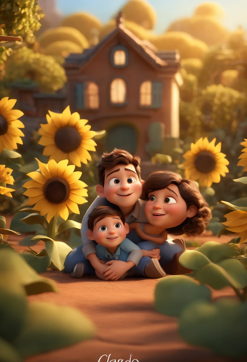 Create a Disney PIXAR-style 3D poster. ((centro da imagem,)), ((2 )) (( 2 meninosno meio, They're hugging each other, um menino tem pele clara e cabelos pretos e olhos castanhos escuros, outro menino tem pele clara, olhos e cabelos escuros e cacheados)) ((tudo isso no estilo Disney PIXAR 3D, In the background, A house of sunflowers, Gloria Studio, The garden is full of nature 3D render RTX clay material, estilo de design cartunesco, POP Mart, soft lighting, linhas suaves, Spring tilt, Detailed illustrations of PIXAR 3D, Detalhes hiper-realistas, cor quente no estilo Disney PIXAR 3D))
