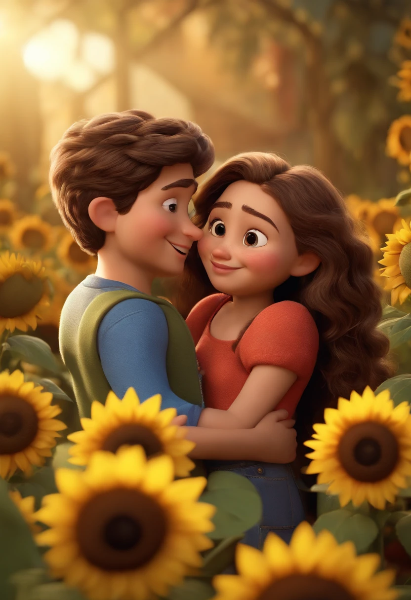 Create a Disney PIXAR-style 3D poster. ((centro da imagem,)), ((2 children )) (( 2 meninosno meio, They're hugging each other, um menino tem pele clara e cabelos pretos e olhos castanhos escuros, outro menino tem pele clara, olhos e cabelos escuros e cacheados)) ((tudo isso no estilo Disney PIXAR 3D, In the background, A house of sunflowers, Gloria Studio, The garden is full of nature 3D render RTX clay material, estilo de design cartunesco, POP Mart, soft lighting, linhas suaves, Spring tilt, Detailed illustrations of PIXAR 3D, Detalhes hiper-realistas, cor quente no estilo Disney PIXAR 3D))