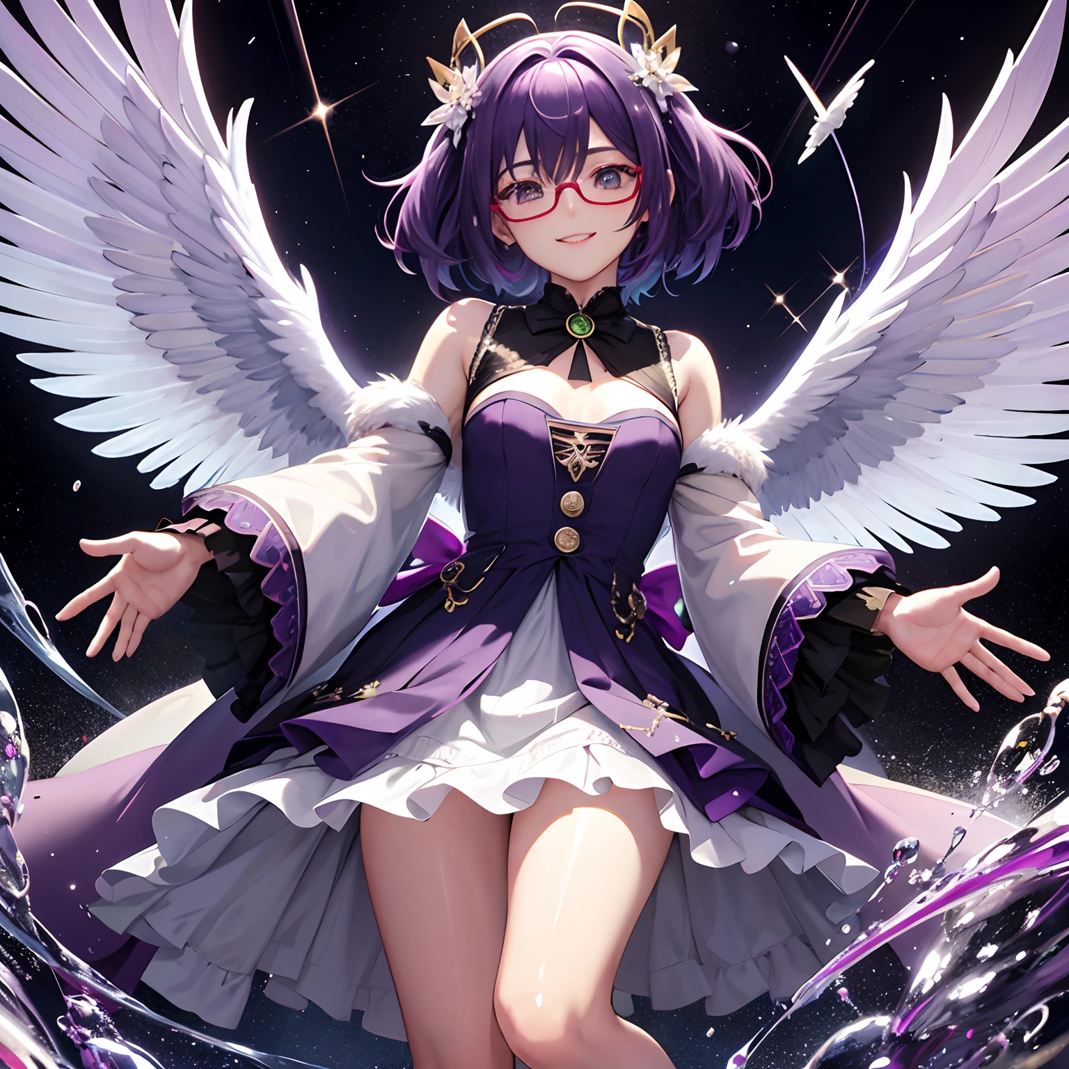 Herren、eye glasses、The upper part of the body、Angel wings、Her eyes glow purple、超A high resolution, Best aesthetic, Top quality depiction of the foot, Put on a jacket, Green and red hair on the back, Flat Avatar, Anime visuals of cute girls, Cute art style, Chibi, Shorthair, Ahoge, is shy, A smile, hair adornments,Chest out, absurderes, superfine illustration,rainboweffect, hight resolution, ultra-detailliert,Light diffusion,highly detailed light reflection, Kaleidoscope, Harmonious, Best Shadow, highly detailed very beautiful big smile face, beautiful growing crystal diamond star pupil,look at viewr, beautiful detailed hair, Solo, Dynamic Pose, The purple and black tray and details are beautiful, Suits, Fantastic and sparkling throughout、Raindrops background、water dripping