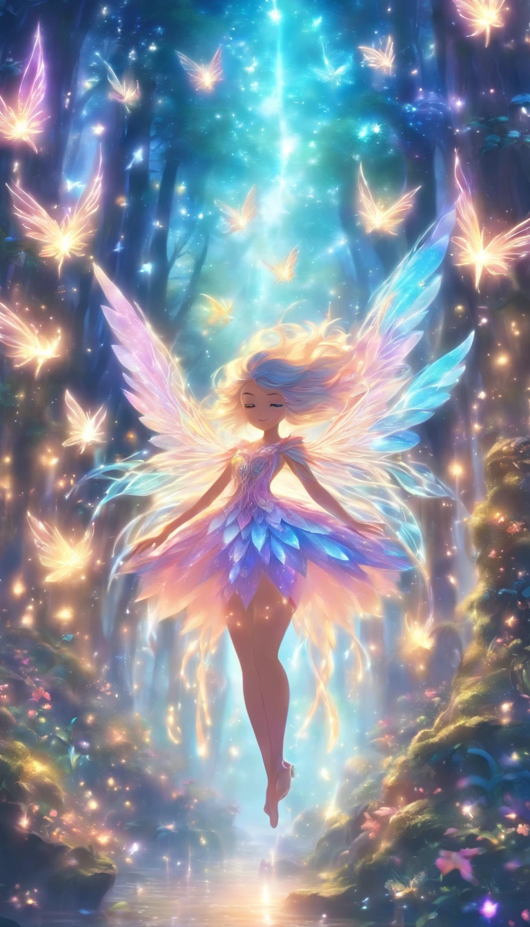 at a forest，night moon，Mini cute 3 year old flower fairy, Chubby，Skirt made of petals，colorful colorful，Transparent colorful wings, Magic wand，closeup cleavage，Light attenuation，glowing effect，depth of fields，to emphasize，Real light，ray traycing，oc rendered，hyper realisitc，Best quality，8K，artworks，ultradetailed，Detailed pubic hair，Correct anatomy，focus on eyeokeh，Facial features are carefully drawn