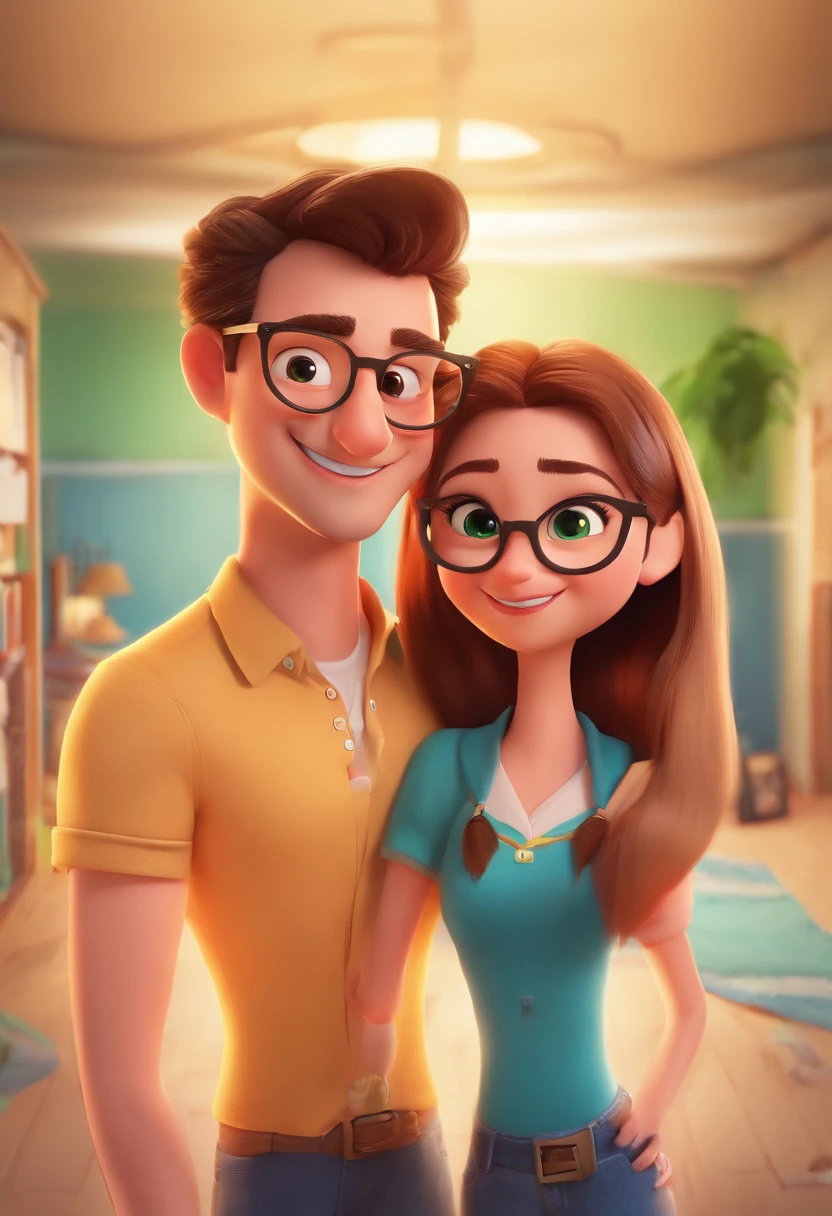 An illustration of an adorable couple, Highlight for a smiling strong white man in jeans and a white polo shirt and a white woman with beautiful straight hair - the man's skin is light and the man's hair short in black color and green eyes in while the woman's skin is white and the woman's hair is straight and black and wears glasses. They are a bright room, cada um com um sorriso no rosto, e compartilhar um momento especial caracterizado pelo amor, Insights. Illustrate this scene from a perspective where they are facing the camera, Smiling and Showing Your Connection. Desenvolva esta arte em Full HD, Focus on your cinematic touch, Estilo Disney Pixar Animations