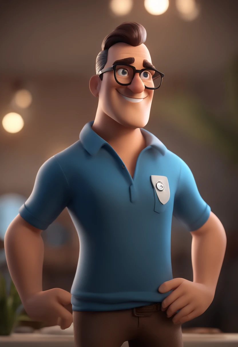 Cartoon character of a man with black glasses and a blue shirt, animation character, Caractere estilizado, animation style rendering, 3D estilizado, Arnold Maya render, 3 d render stylized, toon render keyshot, Personagem 3D, Personagem 3D, 3d rendering stylized, 3 d character render, personagem de desenho animado, Personagem de close up, Pose de personagem, (Estilo Pixar) (master part:1.2) (Bokeh) (best quality) (pele detalhada) (textura detalhada) (8k) (argila) (Cinematic lighting) (foco nítido