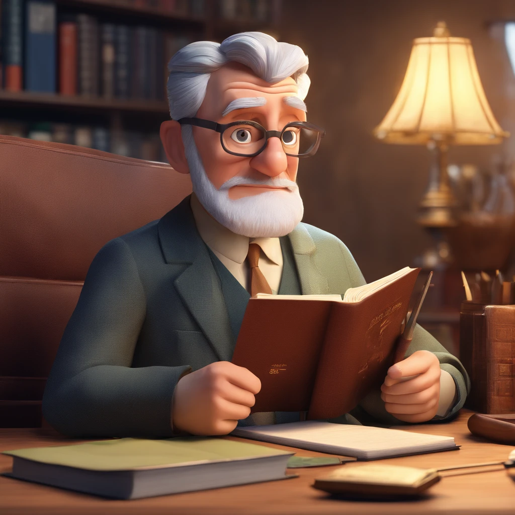 Crie um cartaz inspirado na Disney Pixar com o personagem sendo o pastor Rubens Janier, A gray-haired man wearing glasses, in an office with a Bible on the table, Looking forward and serious