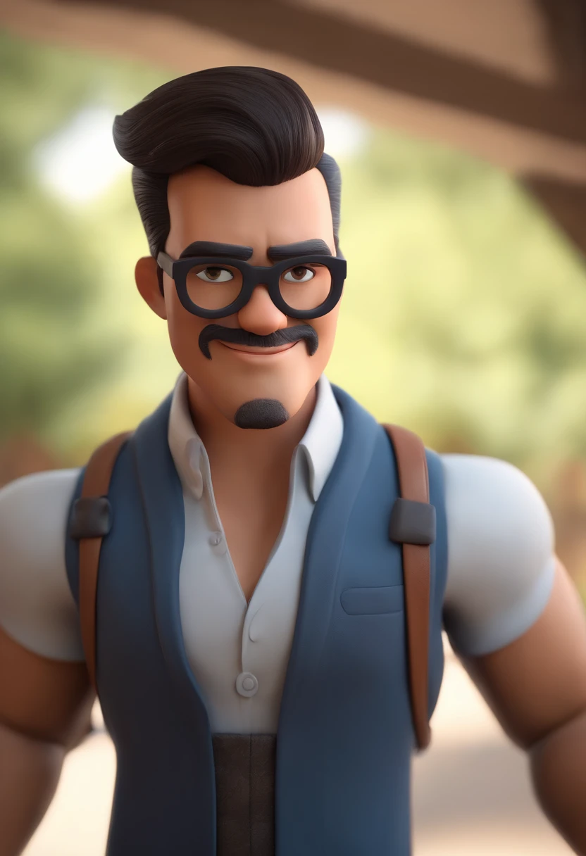 Cartoon character of a man with black glasses, cabelo cacheado marrom escuro e uma camisa azul, animation character, Caractere estilizado, animation style rendering, 3D estilizado, Arnold Maya render, 3 d render stylized, toon render keyshot, Personagem 3D, Personagem 3D, 3d rendering stylized, 3 d character render, personagem de desenho animado, Personagem de close up, Pose de personagem,  (Estilo Pixar) (master part:1.2) (Bokeh) (best quality) (pele detalhada) (textura detalhada) (8k) (argila) (Cinematic lighting) (foco nítido