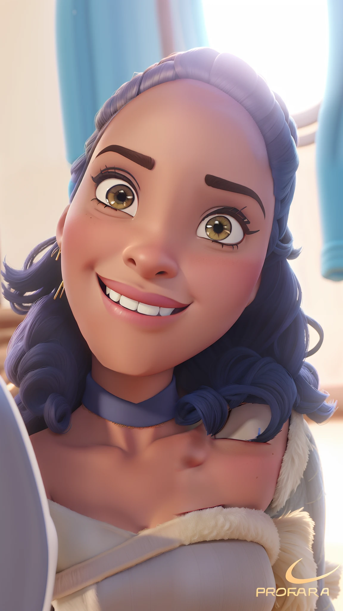 Poster estilo Disney Pixar, mulher africana olhos pretos, cabelos preso com alta qualidade e de melhor qualidade.