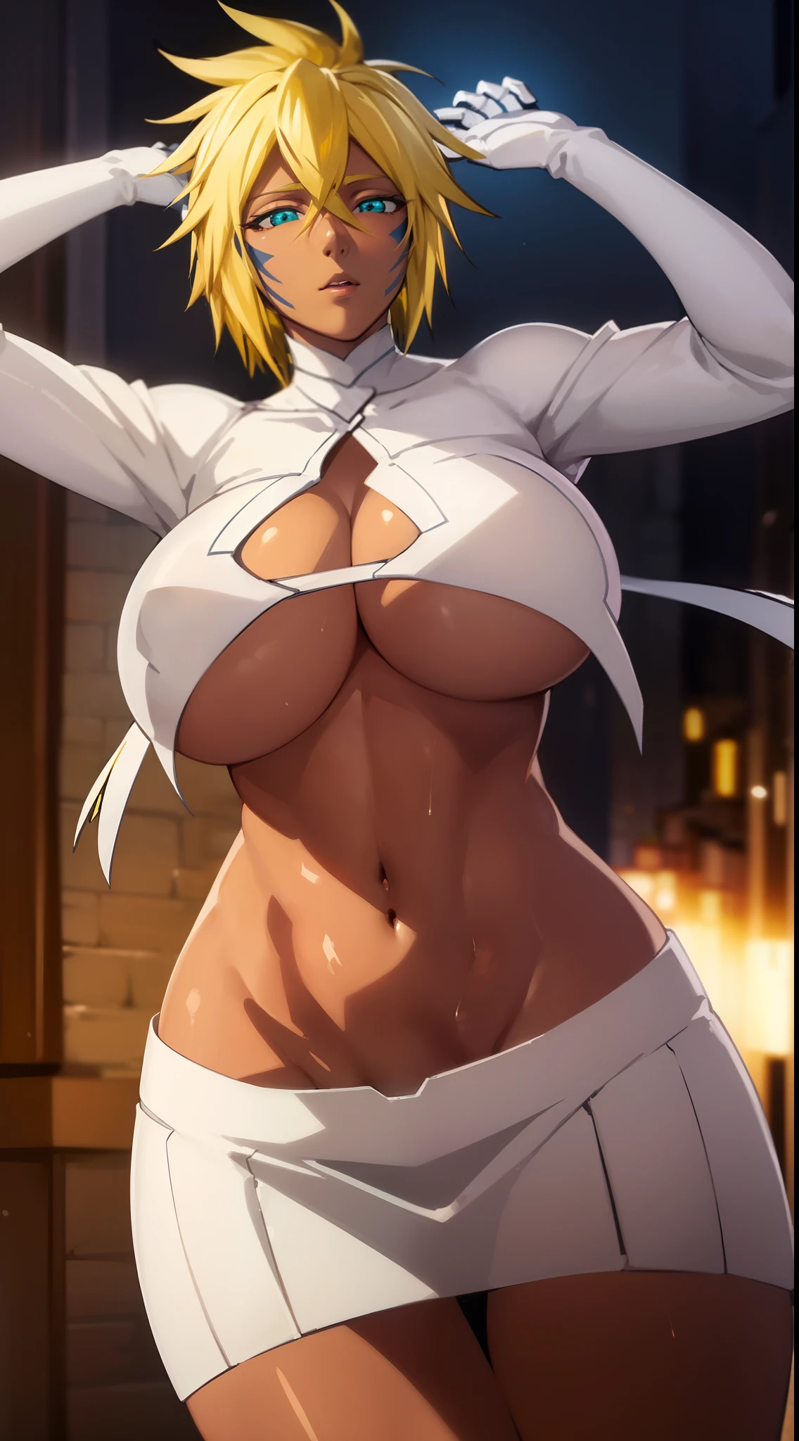 Halepeltier, Hallebel layer, short hair hair, blonde hair, green eyes, Dark skin, Dark-skinned female, facial mark,
Breaking armor, pauldrons, skirt, cleavage, cleavage cutout, gloves, white gloves, midriff, Navel, collarbone,
Outdoor break,
BREAK looking at viewer, (cowboy shot:1.5),
BREAK (巨作:1.2), Best Quality, high-resolution, unity 8k wallpaper, (illustration:0.8), (Beautiful Detailed Eyes:1.6), extremely detailed face, perfect illumination, highly detailed CG, (perfect hands, perfect anatomy), massive breasts