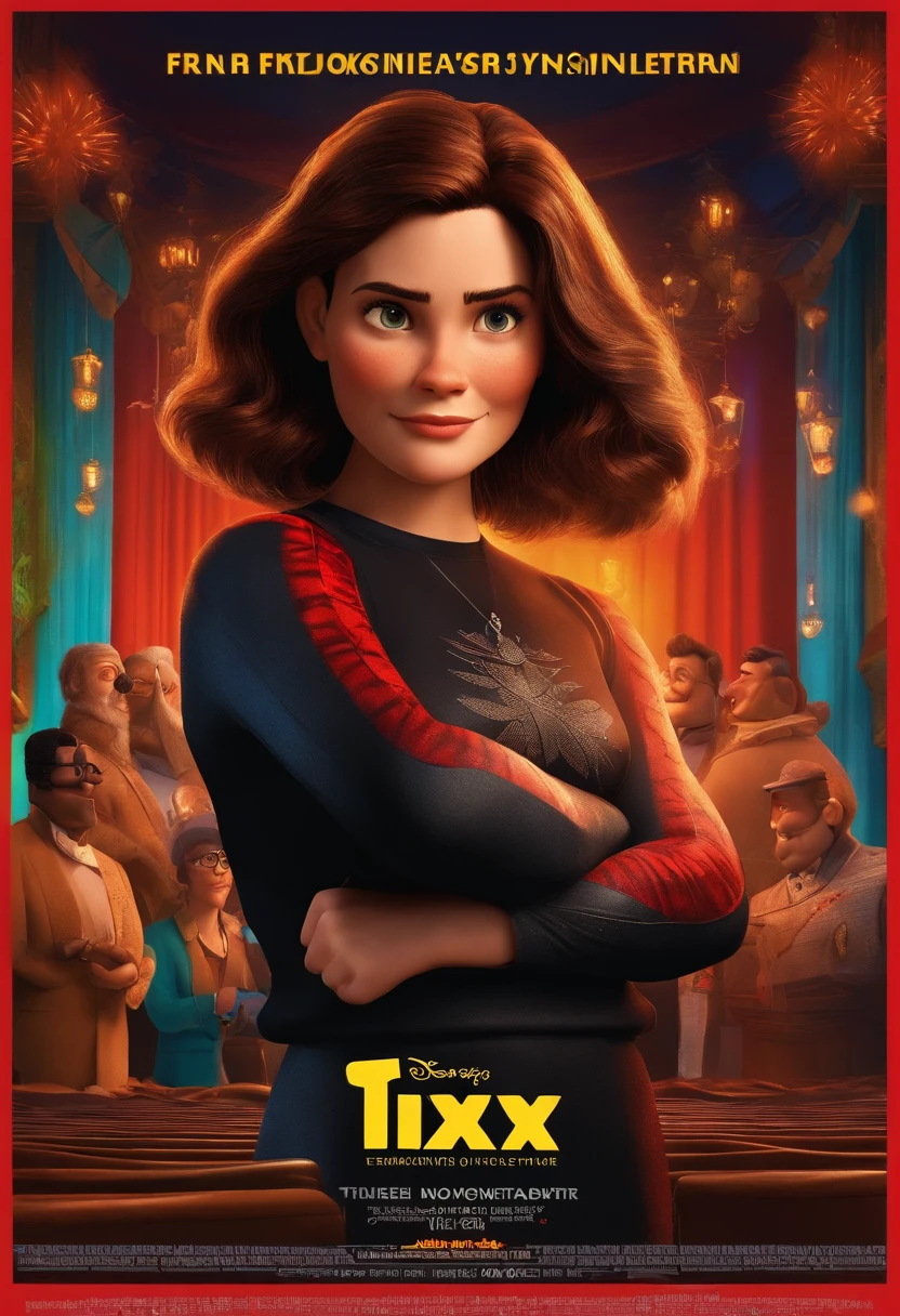 filme Marketing 2023 estilo filmes Pixar, Com nome "N - Marketing", poster, With short, lighter brunette hair and a black t-shirt in front of her crossed arms.