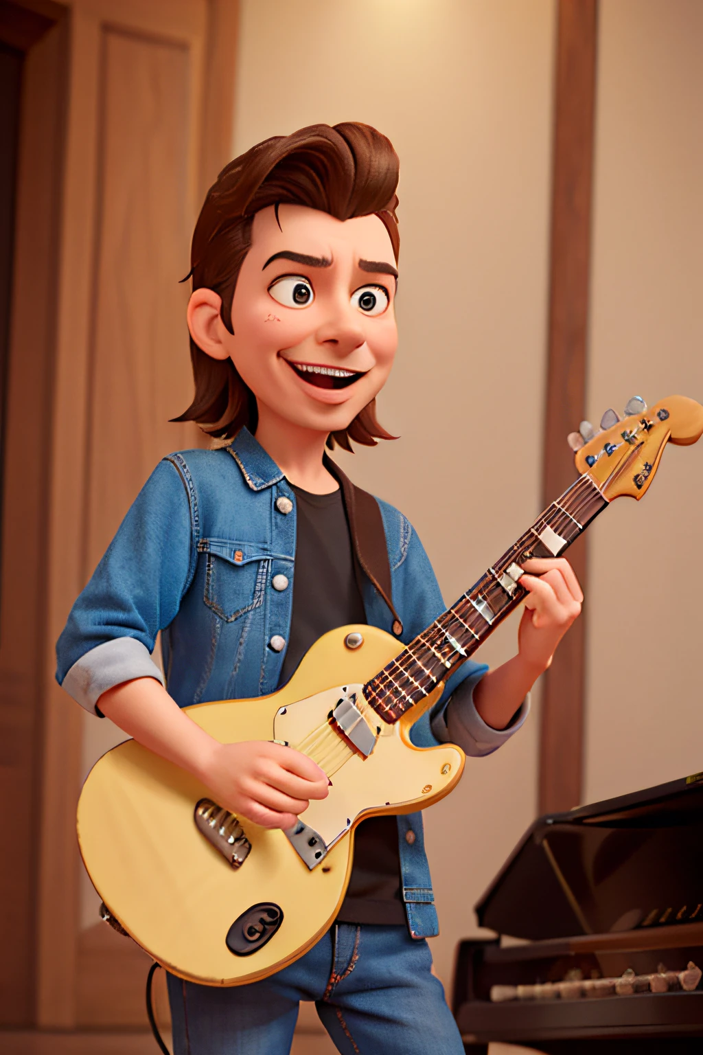 Estilo Disney Pixar, cantor no palco com guitarra simples Fender Telecaster cor de madeira, sorrindo, rosto parecido com Gary Oldman, rosto limpo, cabelo comprido estilo Loki