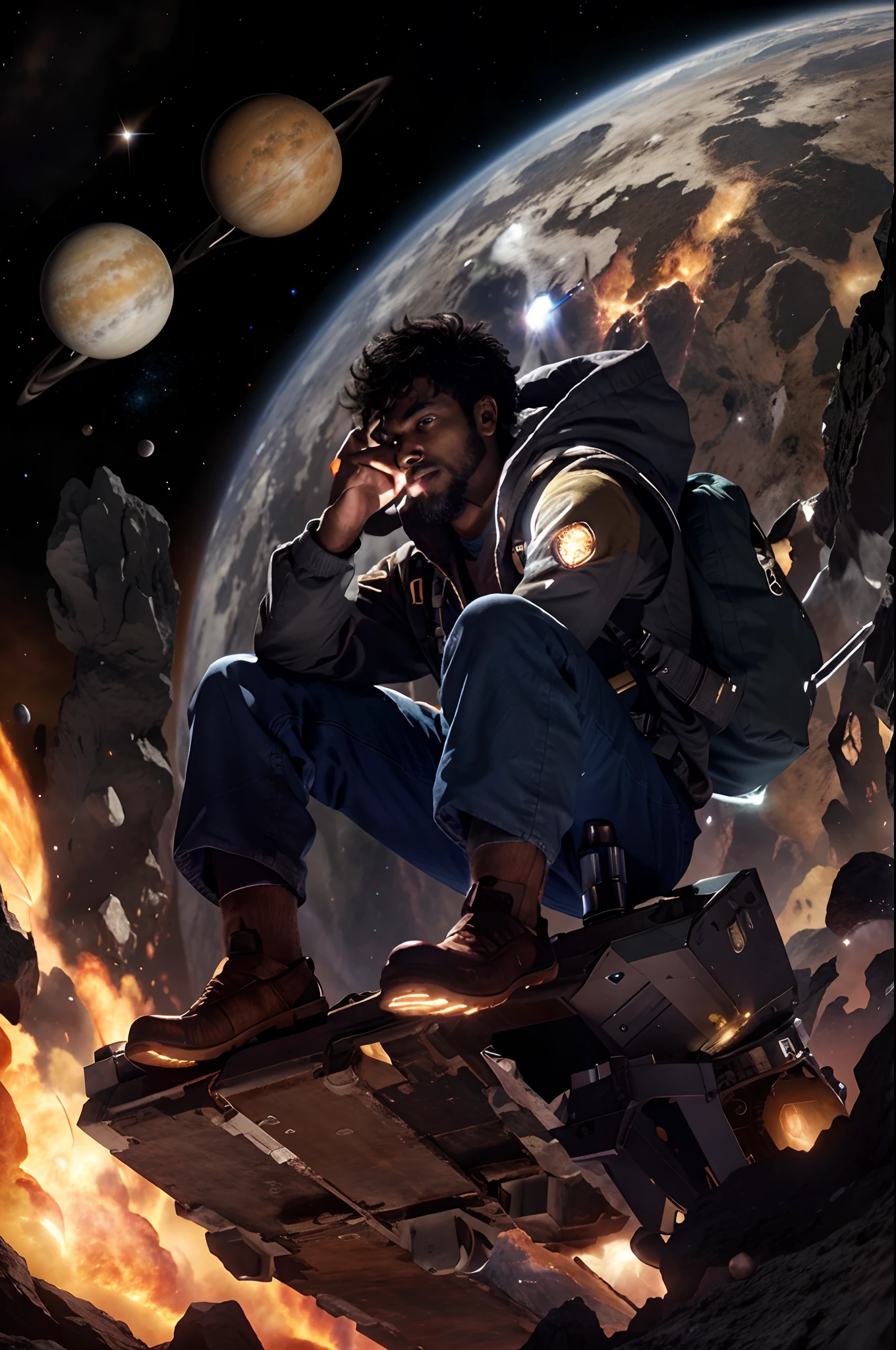 Draw a young dark-skinned programmer sitting on a research platform floating in the middle of an asteroid belt. He is studying with a laptop, surrounded by several asteroids glowing with auras of fire. The dramatic illumination of distant stars and planets illuminates the scene, casting deep shadows on the costume. The young man seems confident and determined, looking at the vast and mysterious universe with admiration and respect, beard, cowboy shot,