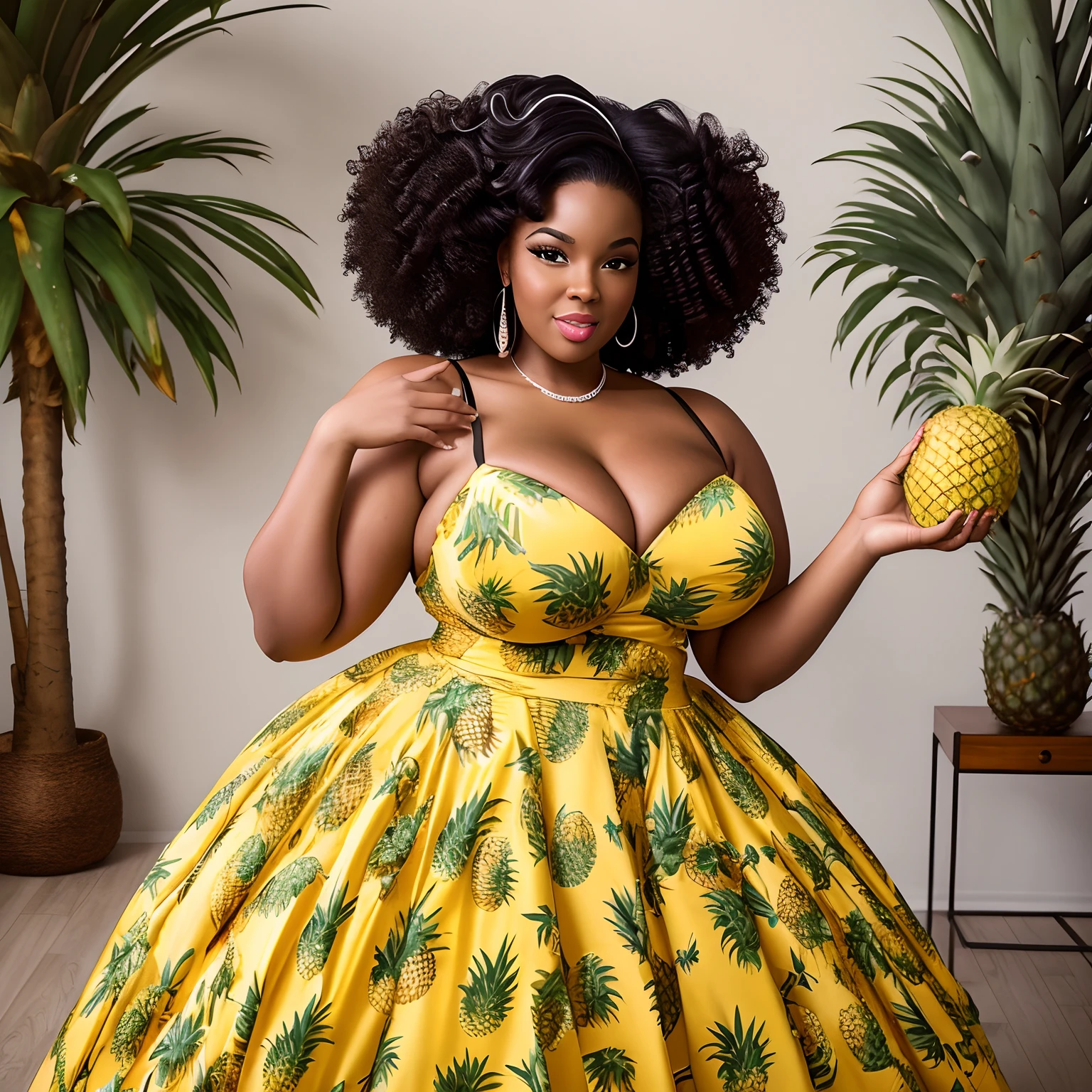 Portrait of a curvy big breasted  black woman, pinup  model, curly hair, ballgown,  vintage. bbw, holding a pineapple,  swinger
