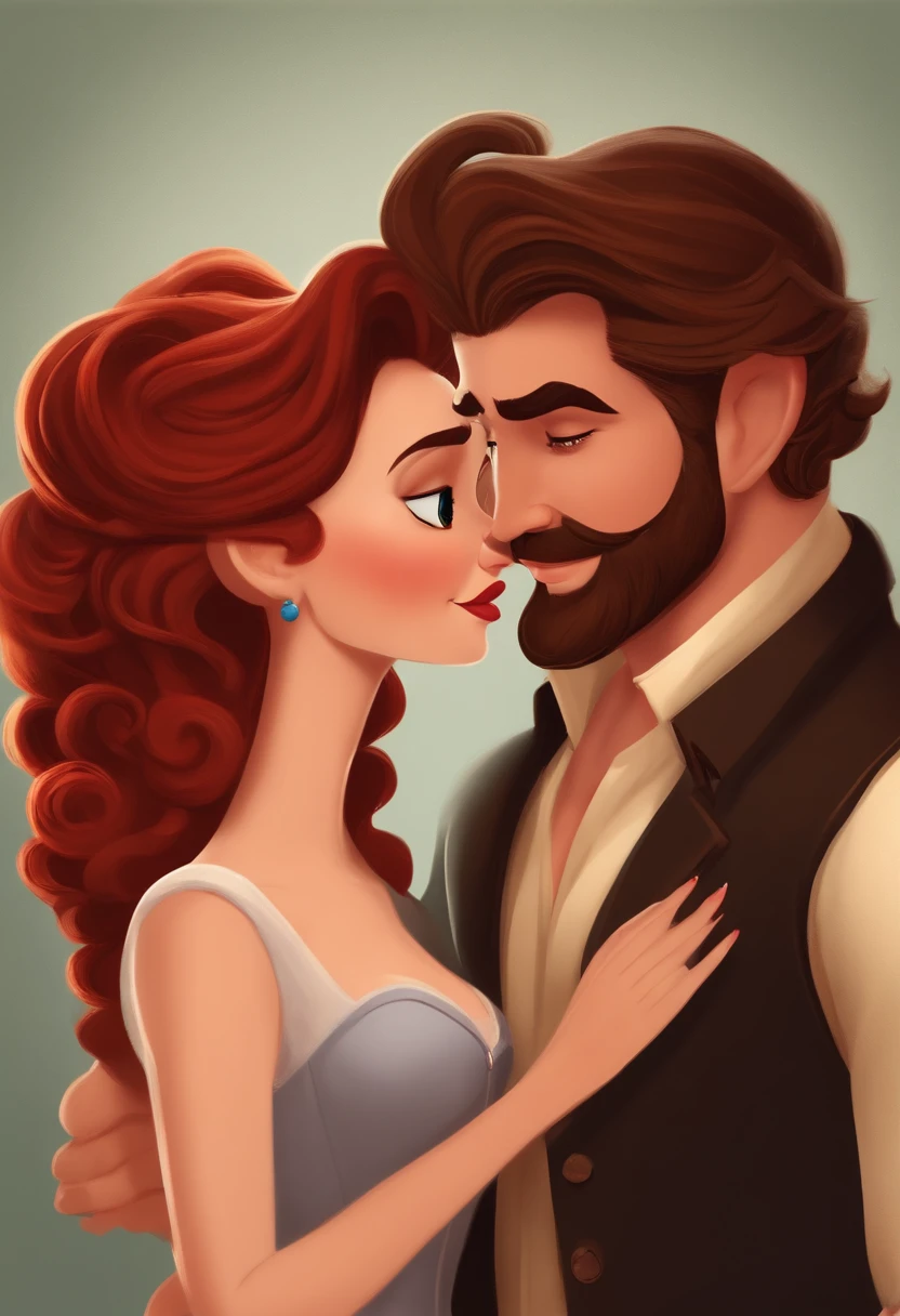 Casal homem com barba e cabelo curto e mulher com cabelo castanho e com batom vermelho no estilo Disney Pixar, alta qualidade, melhor qualidade