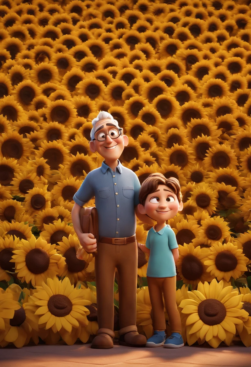 Create a Disney PIXAR-style 3D poster. ((centro da imagem, Grandmother and grandson)), ((2 pessoas)) ((1 mulher com 63 anos no lado direito, They're hugging each other, O tem pele castanha e cabelos black estilo nodread escuros e olhos castanhos escuros, enina tem pele clara, olhos e cabelos escuros ((tudo isso no estilo Disney PIXAR 3D, In the background, A house of sunflowers, Gloria Studio, The garden is full of nature 3D render RTX clay material, estilo de design cartunesco, POP Mart, soft lighting, linhas suaves, Spring tilt, Detailed illustrations of PIXAR 3D, Detalhes hiper-realistas, cor quente no estilo Disney PIXAR 3D))