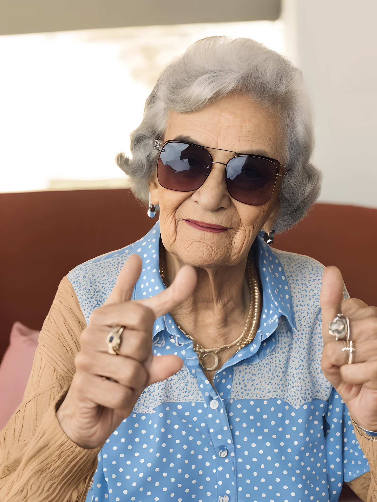 There's a woman in sunglasses showing a peace sign, giving the middle finger, ela tem cerca de 7 0 anos, grandma, giving a thumbs up to the camera, by Amelia Peláez, Directed by: Lee Loughridge, Directed by: Samuel Silva, Magda Torres Gurza, dando os polegares para cima, 7 0 anos, 70 anos, Directed by: Daniel Schultz