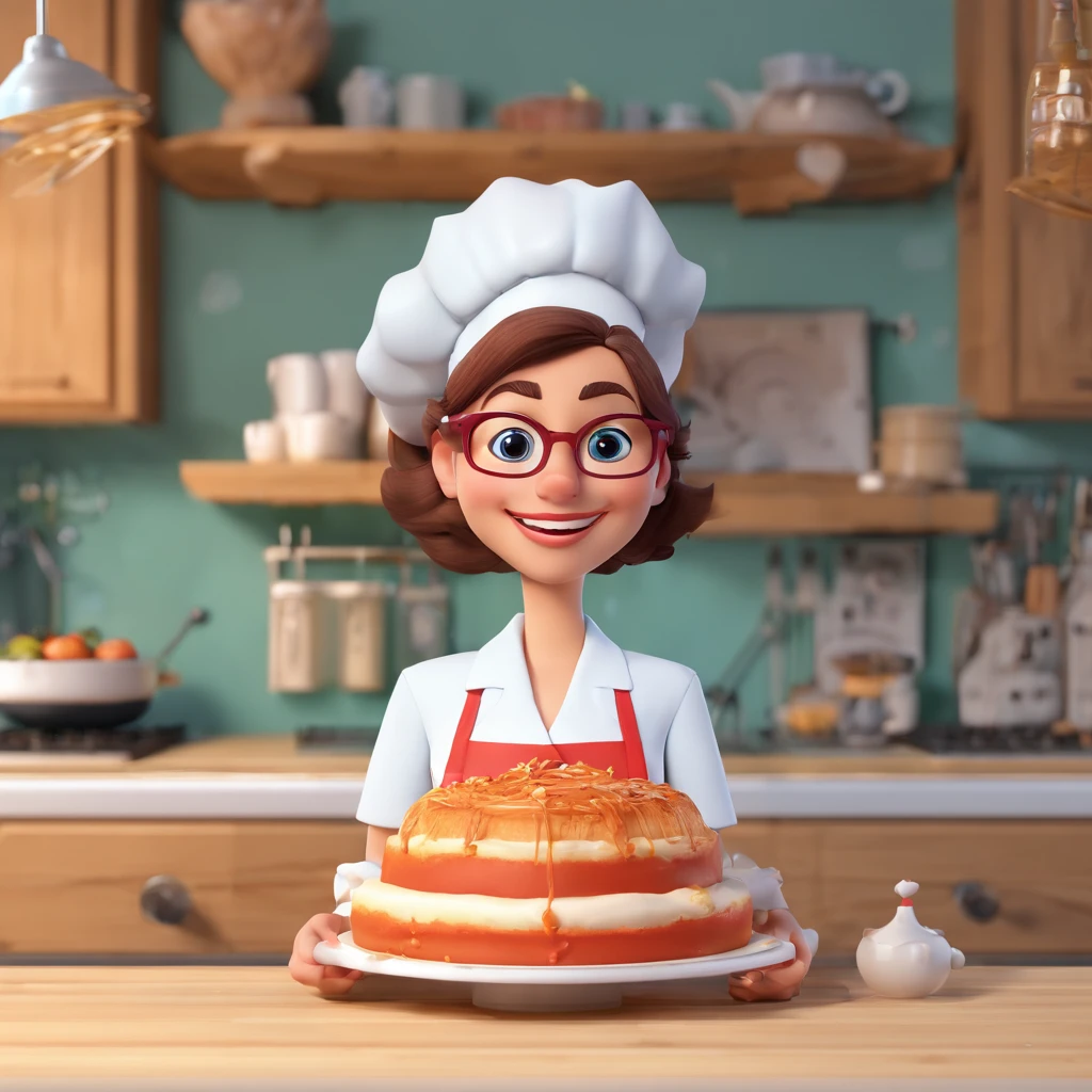 Crie uma cena de desenho animado estilo 3d -Pixar, Onde uma mulher, de cabelos lisos castanhos com 45 anos de idade, Wearing glasses and baking whipped cream cake. She's cooking dressed as a pastry chef.