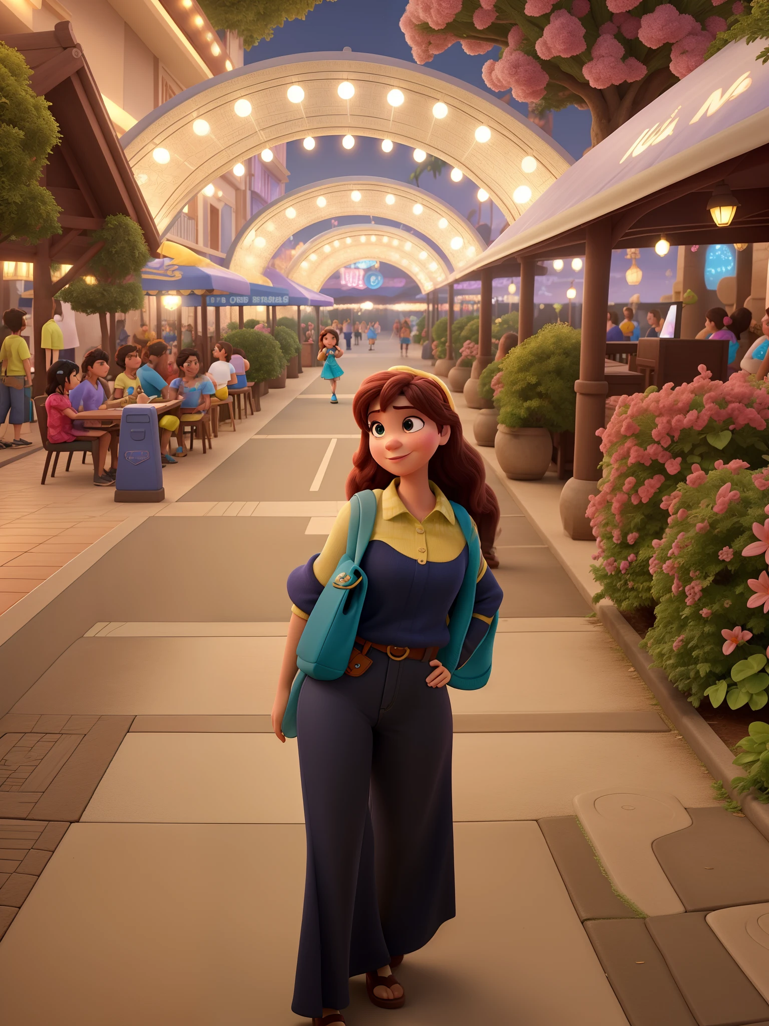 uma mulher jovem estilo disney pixar, numa rua iluminada, alta qualidade, melhor qualidade
