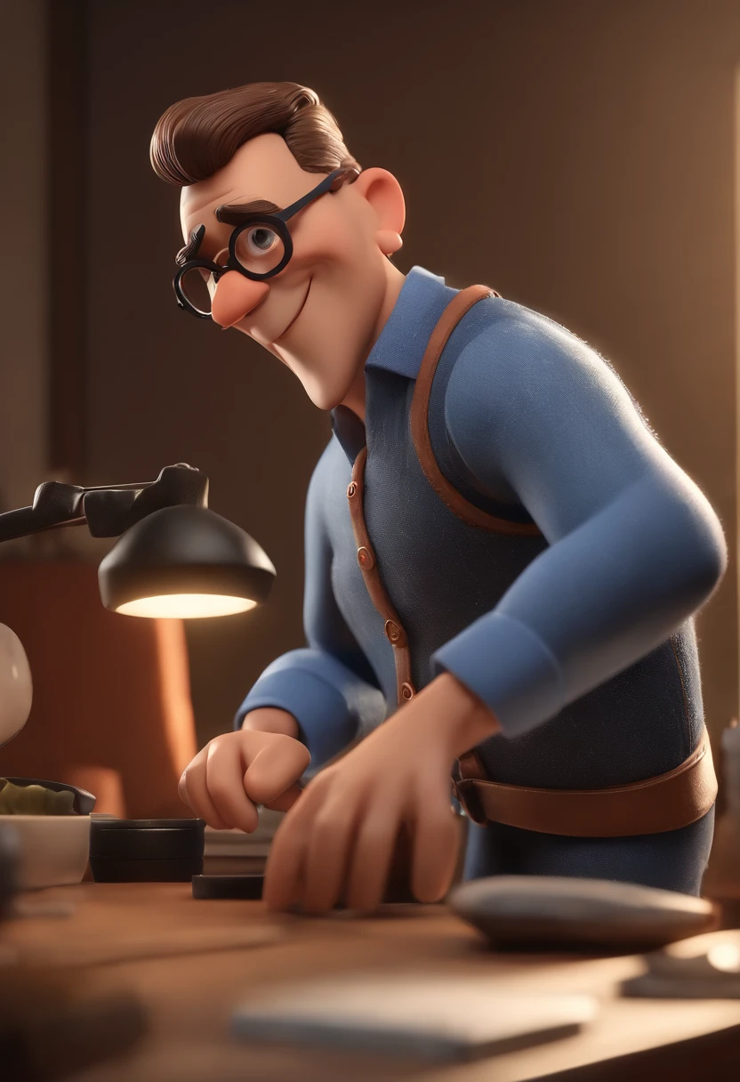 Cartoon character of a man wearing black glasses and a blue shirt, um personagem animado, Caractere estilizado, animation style rendering, 3D estilizado, Arnold Maya render, 3 d render stylized, toon render keyshot, Personagem 3D, Personagem 3D, 3d rendering stylized, 3 d character render, personagem de desenho animado, Personagem de close up, Pose de personagem, (Estilo Pixar) (master part:1.2) (Bokeh) (best quality) (pele detalhada) (textura detalhada) (8k) (argila) (Cinematic lighting) (foco nítido，Senta e vaza a parte superior do corpo