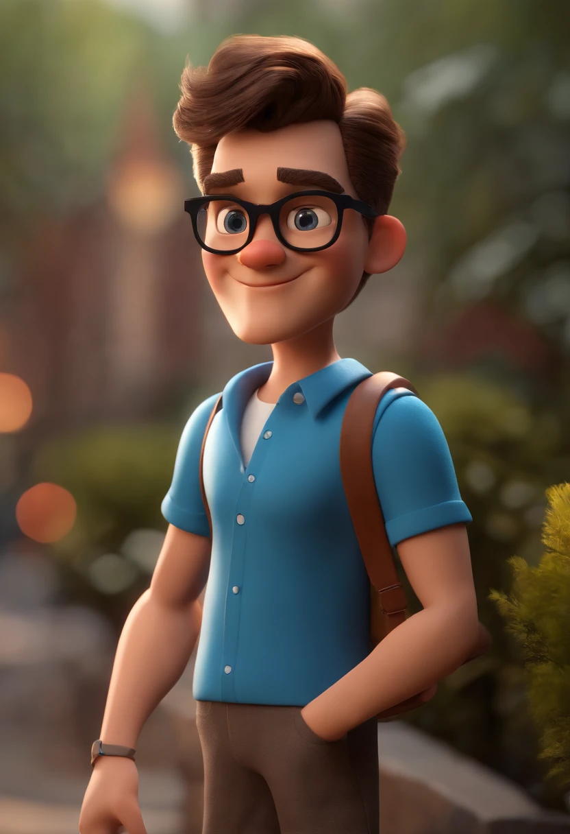 Cartoon character of a man wearing black glasses and a blue shirt, um personagem animado, Caractere estilizado, animation style rendering, 3D estilizado, Arnold Maya render, 3 d render stylized, toon render keyshot, Personagem 3D, Personagem 3D, 3d rendering stylized, 3 d character render, personagem de desenho animado, Personagem de close up, Pose de personagem, (Estilo Pixar) (master part:1.2) (Bokeh) (best quality) (pele detalhada) (textura detalhada) (8k) (argila) (Cinematic lighting) (foco nítido，Senta e vaza a parte superior do corpo