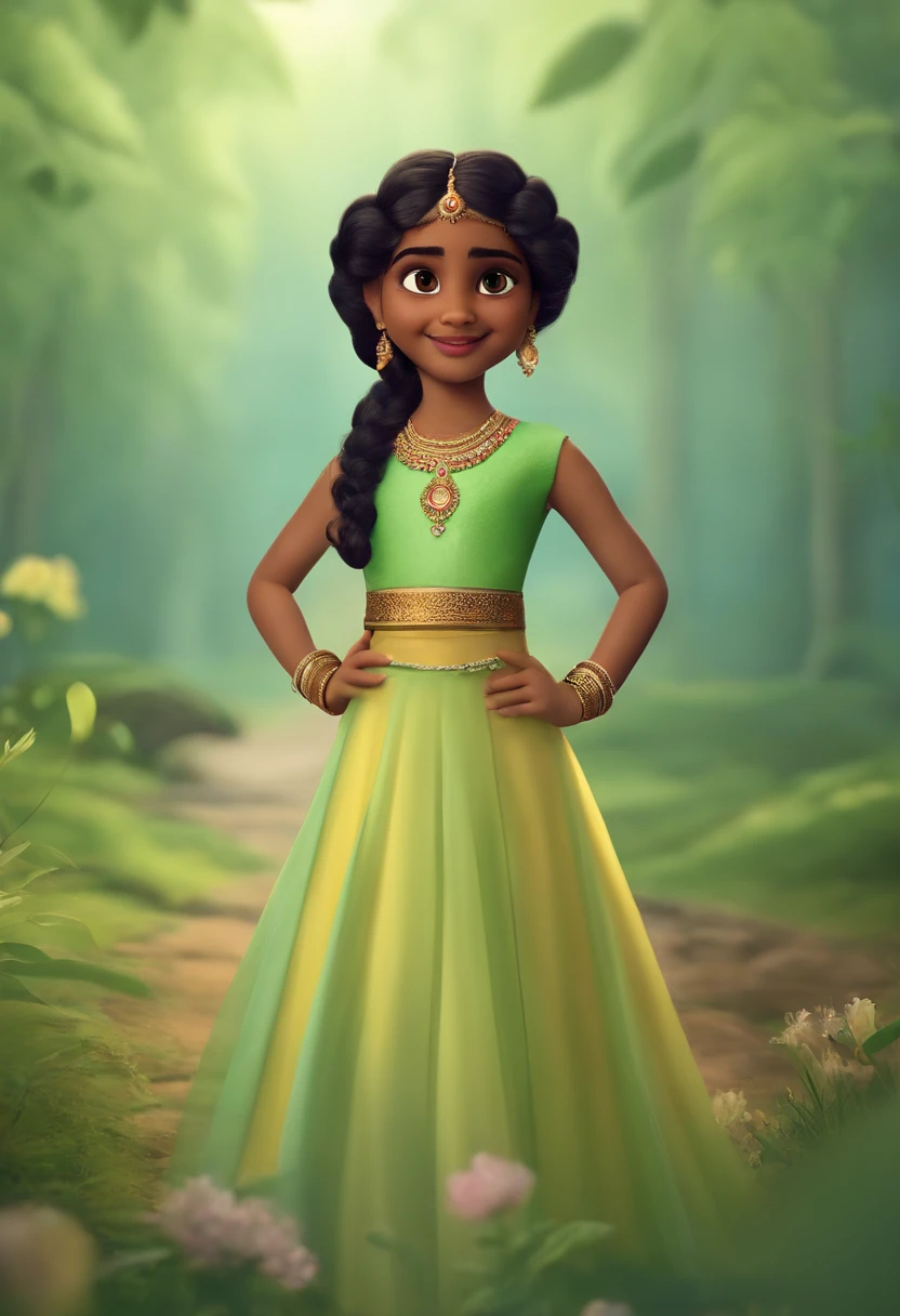 crie um banner no estilo Pixar. A girl with Indian features, morena parda com cabelos longos caracolados, Castanhos escuros, Curly and slightly grayish appearance, mas jovem, usando um vestido azul pastel e verde pastel, usando um oculos redondo