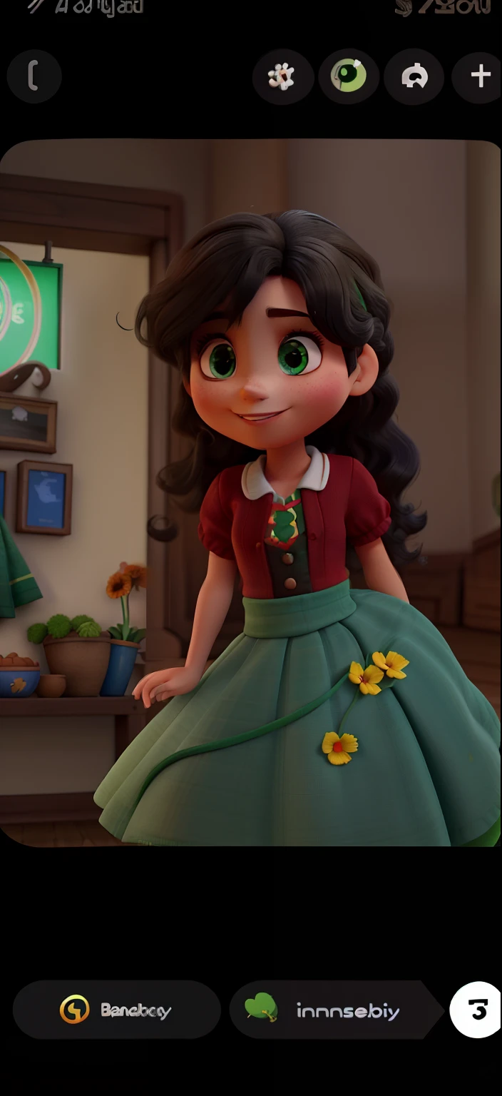menina branca com cabelo cacheado castanho claro e olhos verdes com cropped vermelho Disney pixar