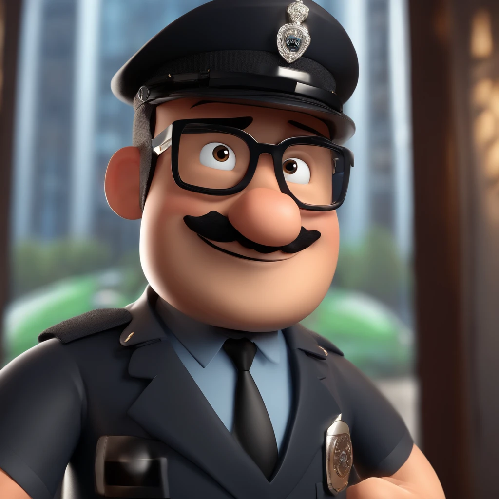Pixer cartoon character of a man with black glasses and policeman dress, animation character, Caractere estilizado, animation style rendering, 3D estilizado, personagem de desenho animado, Personagem de close up, Pose de personagem, (Estilo Pixar) (master part:1.2) (Bokeh) (melhor qualidade) (pele detalhada) (textura detalhada) (8k) (argila) (Cinematic lighting) (foco nítido