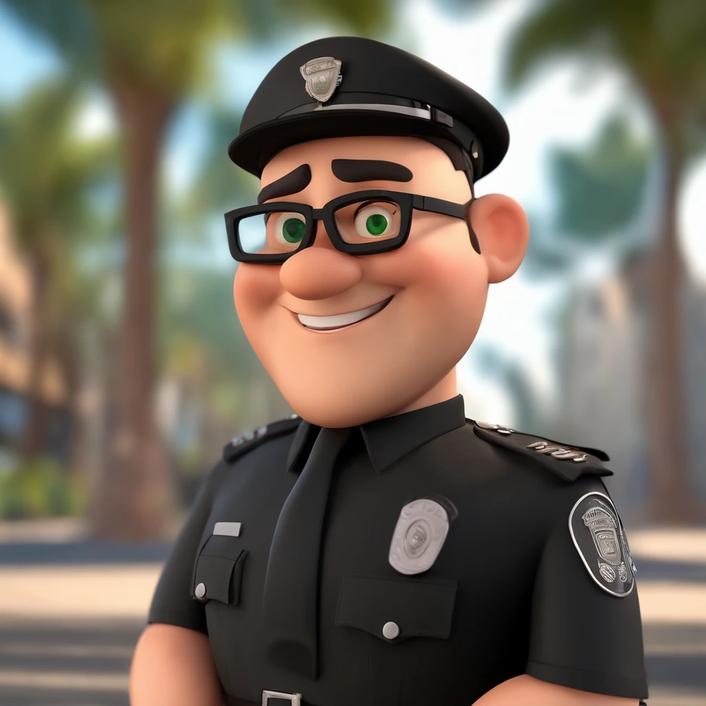 Pixer cartoon character of a man with black glasses and policeman dress, animation character, Caractere estilizado, animation style rendering, 3D estilizado,  personagem de desenho animado, Personagem de close up, Pose de personagem, (Estilo Pixar) (master part:1.2) (Bokeh) (melhor qualidade) (pele detalhada) (textura detalhada) (8k) (argila) (Cinematic lighting) (foco nítido