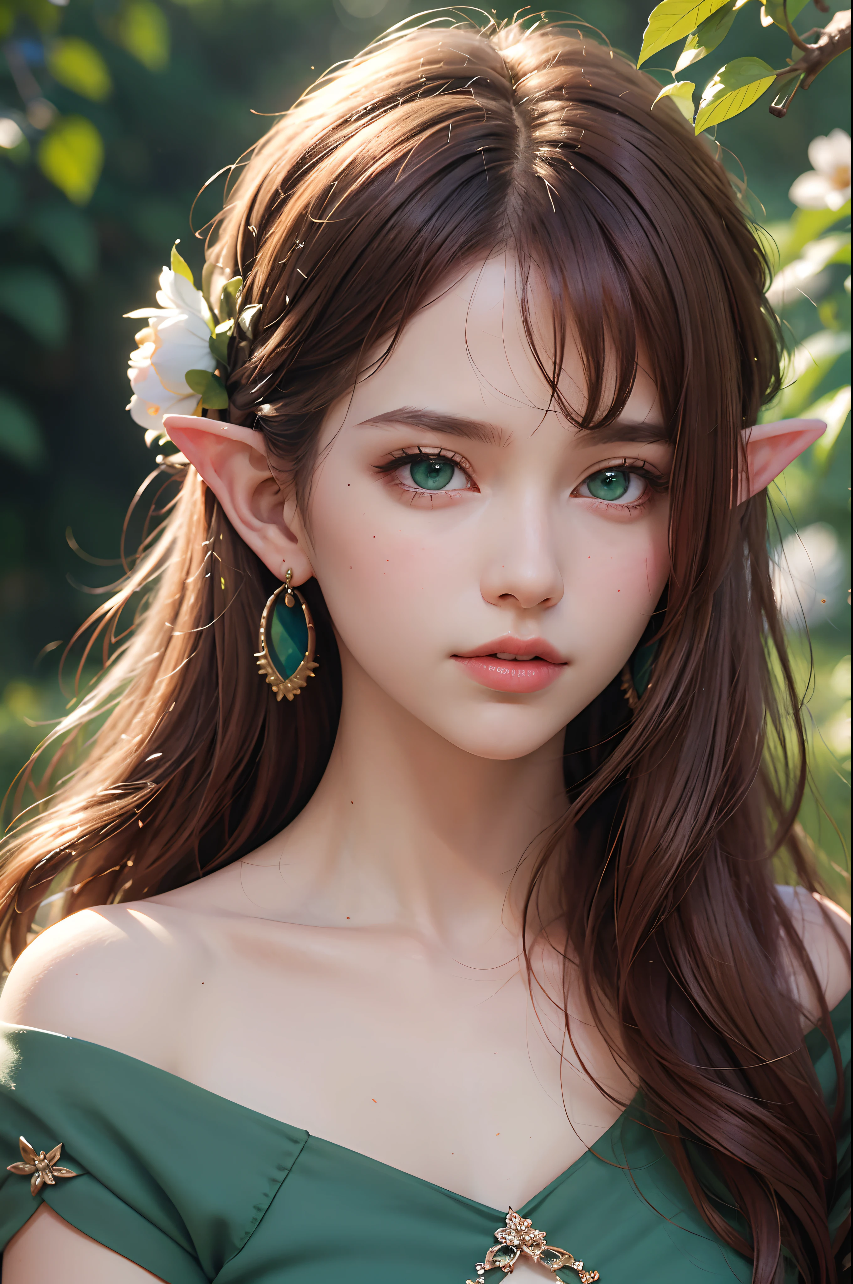 "(best quality, 4k, 8k, highres, masterpiece:1.2), ultra-detailed, realistic, watercolor:1.2, elf princess, beautiful detailed green eyes, long flowing red hair, delicate, lovely flower earrings, graceful bangs, hair falling between eyes, vibrant flower in hand, soft blurred background"