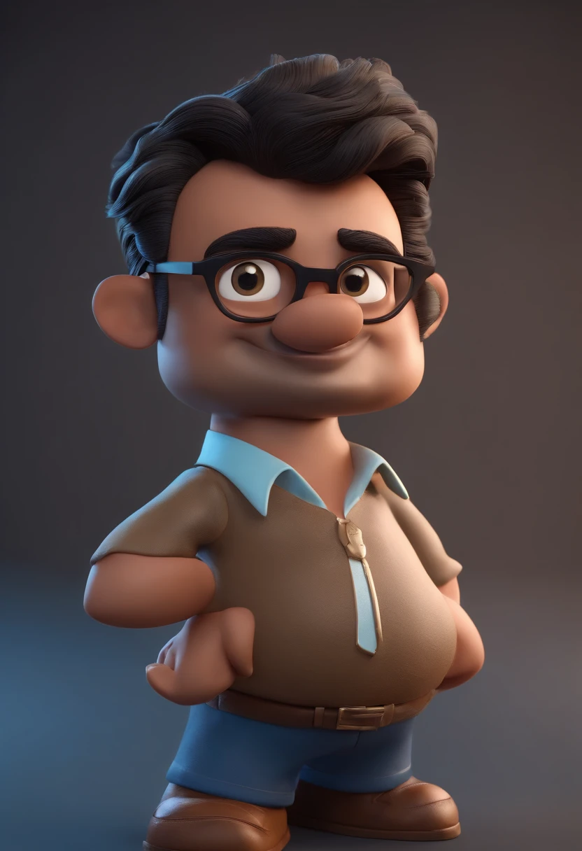Cartoon character of a man with black glasses, cabelo cacheado marrom escuro e uma camisa azul, animation character, Caractere estilizado, animation style rendering, 3D estilizado, Arnold Maya render, 3 d render stylized, toon render keyshot, Personagem 3D, Personagem 3D, 3d rendering stylized, 3 d character render, personagem de desenho animado, Personagem de close up, Pose de personagem, (Estilo Pixar) (master part:1.2) (Bokeh) (best quality) (pele detalhada) (textura detalhada) (8k) (argila) (Cinematic lighting) (foco nítido