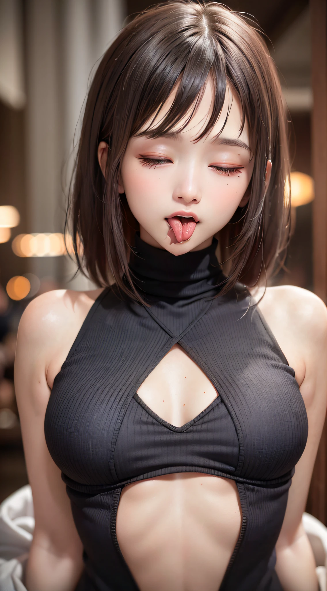 neon street at night, 1girl:1.3, slim body, tight buttocks, perfect body, (small breasts), thin thighs, (one eye closed, wink:1.2), BREAK, woman wearing(long knitted sweater, onepiece), show cleavage, dark-brown hair, hime cut hair, BREAK, (Natural Skin Texture, Detailed shiny-skin, black eyes, shiny-lipgloss, (tongue:2.2), Smile happily, perfect face, cute face, thin lips, small face, upper-body shot, (8K, high resolution, Best Quality, masterpiece:1.2), RAW, portrait, high resolution, top-quality, Hyper-Realism, (Photorealistic:1.3), intricate detailed, ultra sharpness, depth of fields, facing front, face focus up