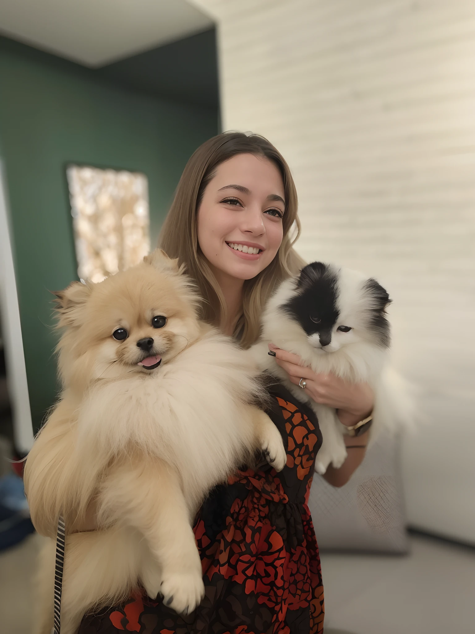 There's a woman holding two small dogs in her arms, with dogs, Directed by: Emma Andijewska, com gatos ao seu lado, a mulher segura mais brinquedos, segurando um pug para uma foto, by Amelia Peláez, Directed by: Judith Gutierrez, she is holding a cat in her arms, por Aya Goda, Mistura Pomeriana, com gato pequeno no colo