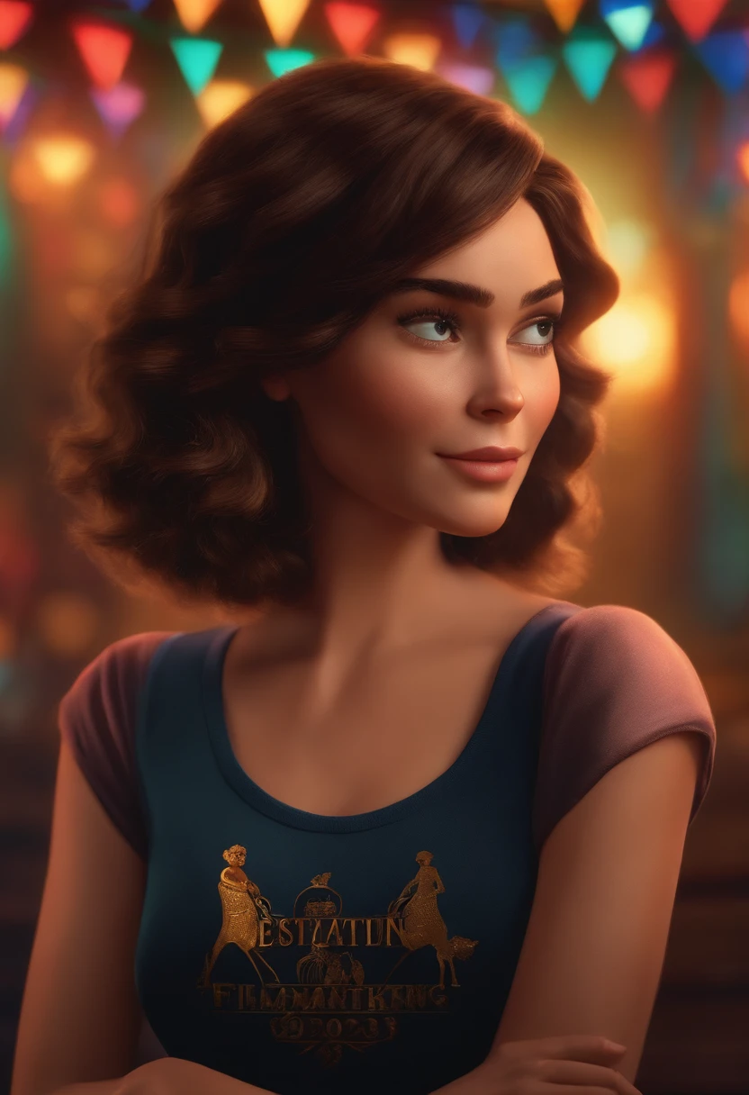 filme Marketing 2023 estilo filmes Pixar, Com nome "N - Marketing", poster, With short, lighter brunette hair and a black t-shirt in front of her crossed arms.