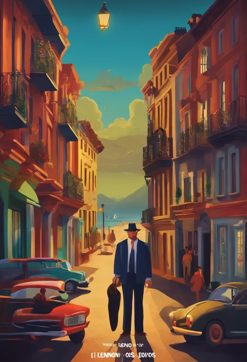 Create a pixar style movie poster with the title "LENNON OS DESVIOS" um homem gordo de 30 anos com cabelo preto curto, With a lot of money in your hands , With a garment factory behind