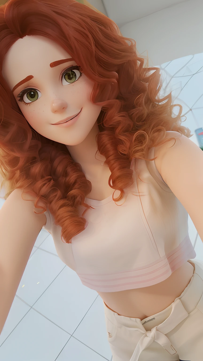 There's a woman with red hair taking a selfie, com cabelos ruivos cacheados, cabelos ruivos cacheados, cabelos cacheados vermelhos, 26 anos, cabelos cacheados cor de cobre, encaracolado, cabelos cacheados, Redhead Girl, 26 anos, red head, em torno de 26 anos, cabelos cacheados vermelhos, curly hair, com cabelos ruivos, Deusa dos cabelos ruivos, roupa rose, vestindo top e shorts rose, rose gold