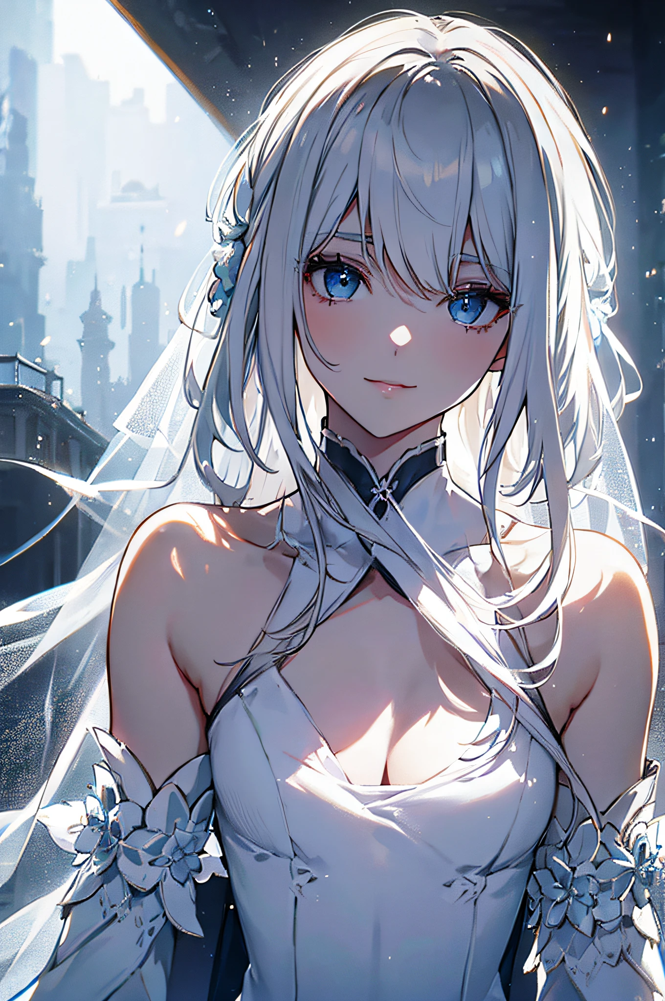 best quality,ultra-detailed,white hair,gloves,portrait,soft lighting,delicate details,realistic skin texture, smile,vibrant colors,fine brushstrokes,luminous background,ethereal atmosphere,impeccable makeup,graceful pose,gentle personality,sleek design,high fashion,classic elegance,subtle patterns,textured fabric,dark background,contrast,contrast,contrast,meticulous attention to detail,neutral color palette,dreamy vibe,sublime beauty,sophisticated style,subdued lighting,artistically composed,graceful movement,pure and refined aesthetics,high-class allure,emblem of sophistication,sublime charm,timeless elegance,radiant presence,exquisite craftsmanship,soft and ethereal imagery,sensual and mysterious,white lace veil,majestic and alluring silhouette,intense gaze.