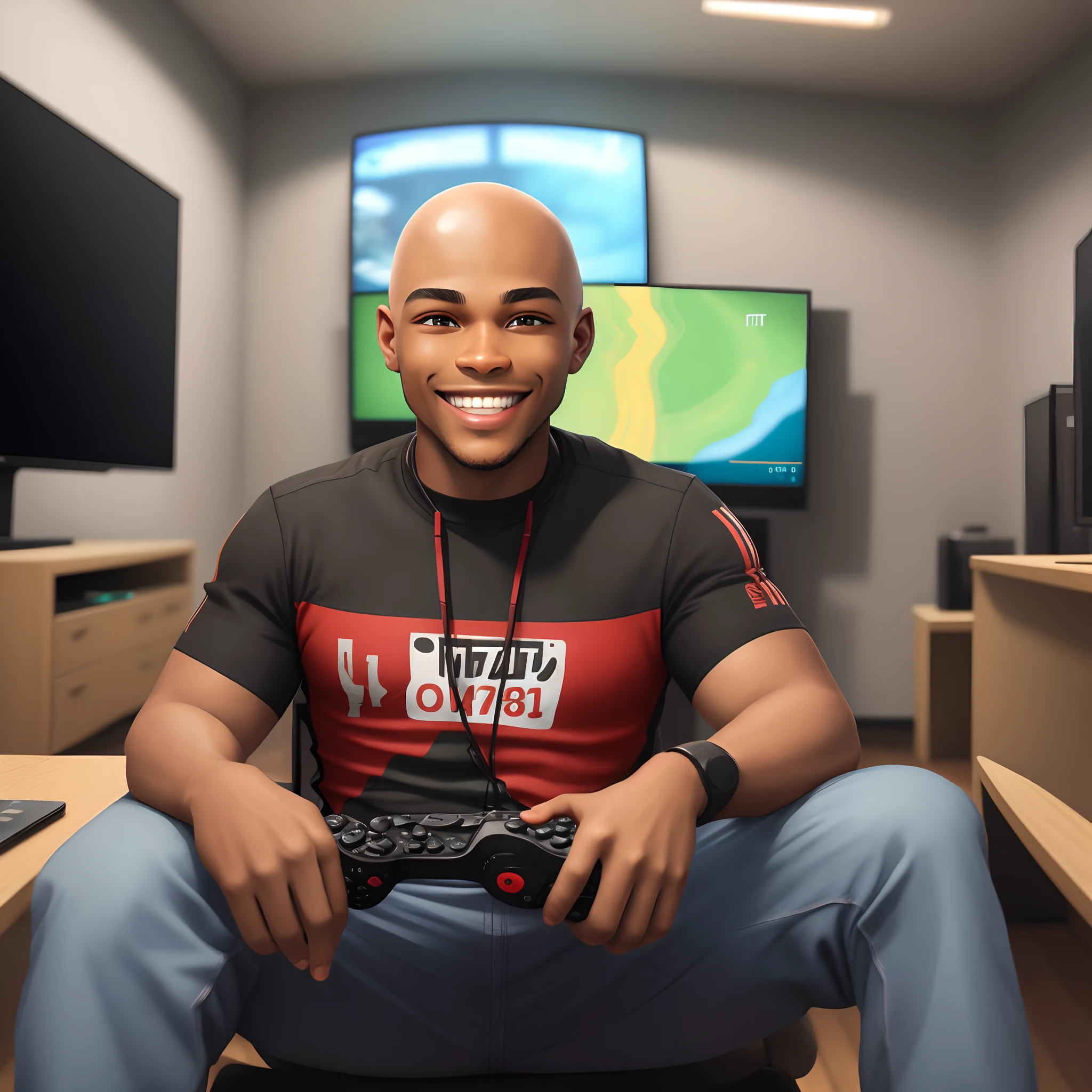 Bald black man playing video game. Sentado em uma sala. smiling for camera.