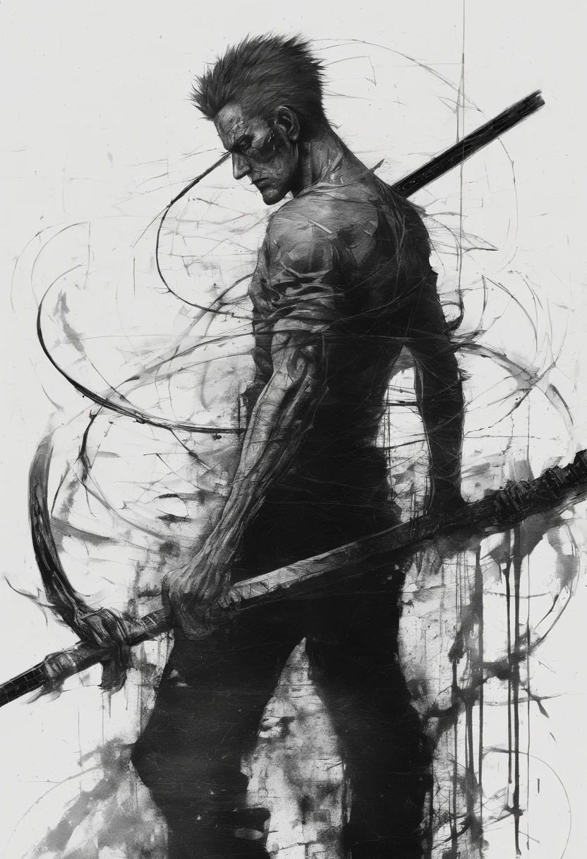 Roronoa Zoro a boy from anime, Perfect centralization, coelho (franco)de Donnie, Standing position, beleza abstrata, Centrado, looking at the camera, Facing the camera, nearing perfection, triste, desespero, corpo inteiro, hands on her head, Dynamic, altamente detalhado, liso, foco nítido, 8k, high-definition resolution, illustration, arte de Carne Griffiths e Wadim Kashin, fundo branco