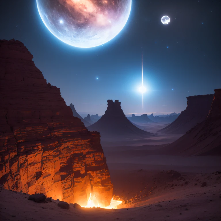 （（（The spacesuit is broken）））The astronaut，Alien base (Very detailed) In the mountainous desert，There are several exhaust fans and chimneys, Some spotlights come out of the base to illuminate dark places, (Extreme nights), Some clouds in the night sky, Some of the surrounding planets provide air to unknown planets，The farthest giant volcano is erupting（(The astronaut)）（（（The spacesuit is broken）））