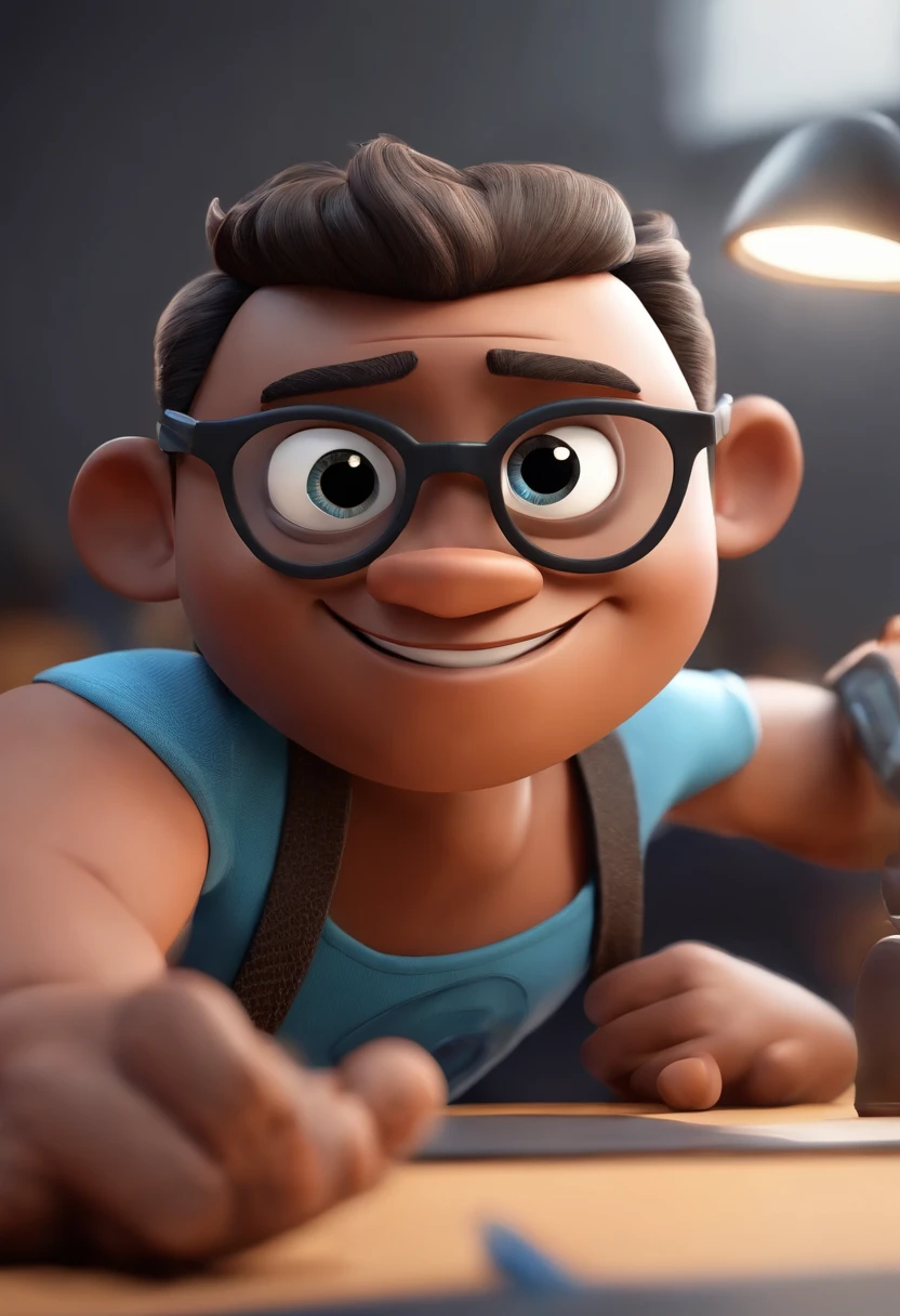 criar  no estilo pixar, um homem alto e magro, pele parda, cabelos crespos, com uma camisa azul e uma.lmulher  branca sorrindo, Straight hair and glasses on head Cartoon character of a man with black glasses and a blue shirt, animation character, Caractere estilizado, animation style rendering, 3D estilizado, Arnold Maya render, 3 d render stylized, toon render keyshot, Personagem 3D, Personagem 3D, 3d rendering stylized, 3 d character render, personagem de desenho animado, Personagem de close up, Pose de personagem,  (Estilo Pixar) (master part:1.2) (Bokeh) (best quality) (pele detalhada) (textura detalhada) (8k) (argila) (Cinematic lighting) (Sharp focus Stylized character, animation style rendering, 3D estilizado, Arnold Maya render, 3 d render stylized, toon render keyshot, Personagem 3D, Personagem 3D, 3d rendering stylized, 3 d character render, personagem de desenho animado, Personagem de close up, Pose de personagem,  (Estilo Pixar) (master part:1.2) (Bokeh) (best quality) (pele detalhada) (textura detalhada) (8k) (argila) (Cinematic lighting) (foco nítido