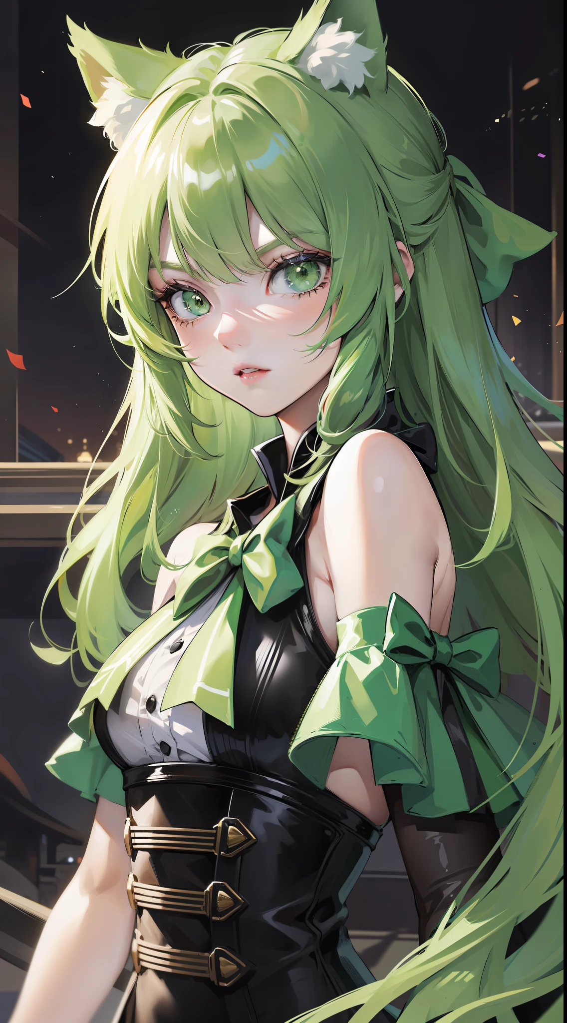 Young girl, long green hair, green eyes, cat ears, sleeveless combat dress, bow, serious look, masterpiece, high quality