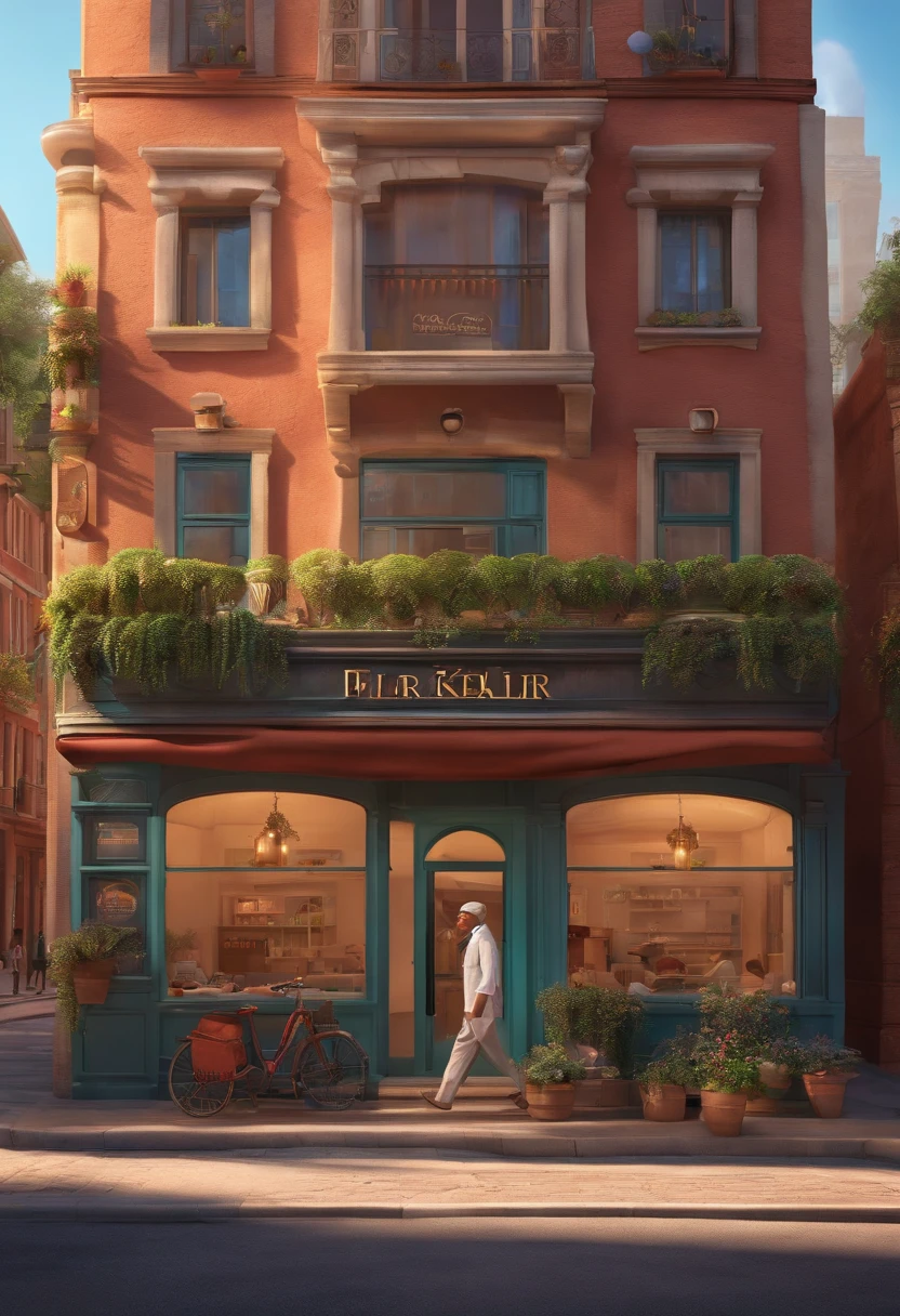 Pixar 3D-style drawing of a slimming clinic in the city center with a character in the foreground