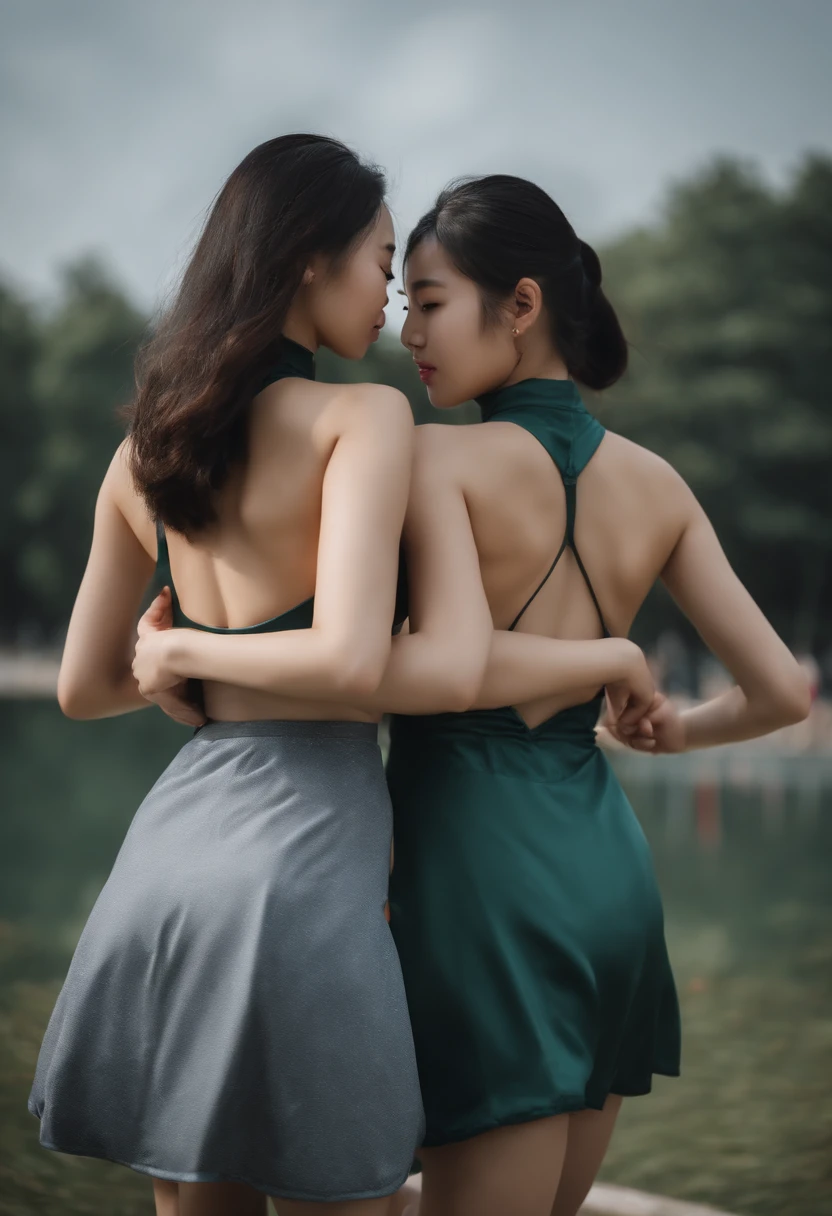 Two girls. 12 years old chinese girl. Blonde. Naked. Full body. Perfect big ass. Parque de atracciones. Kissing