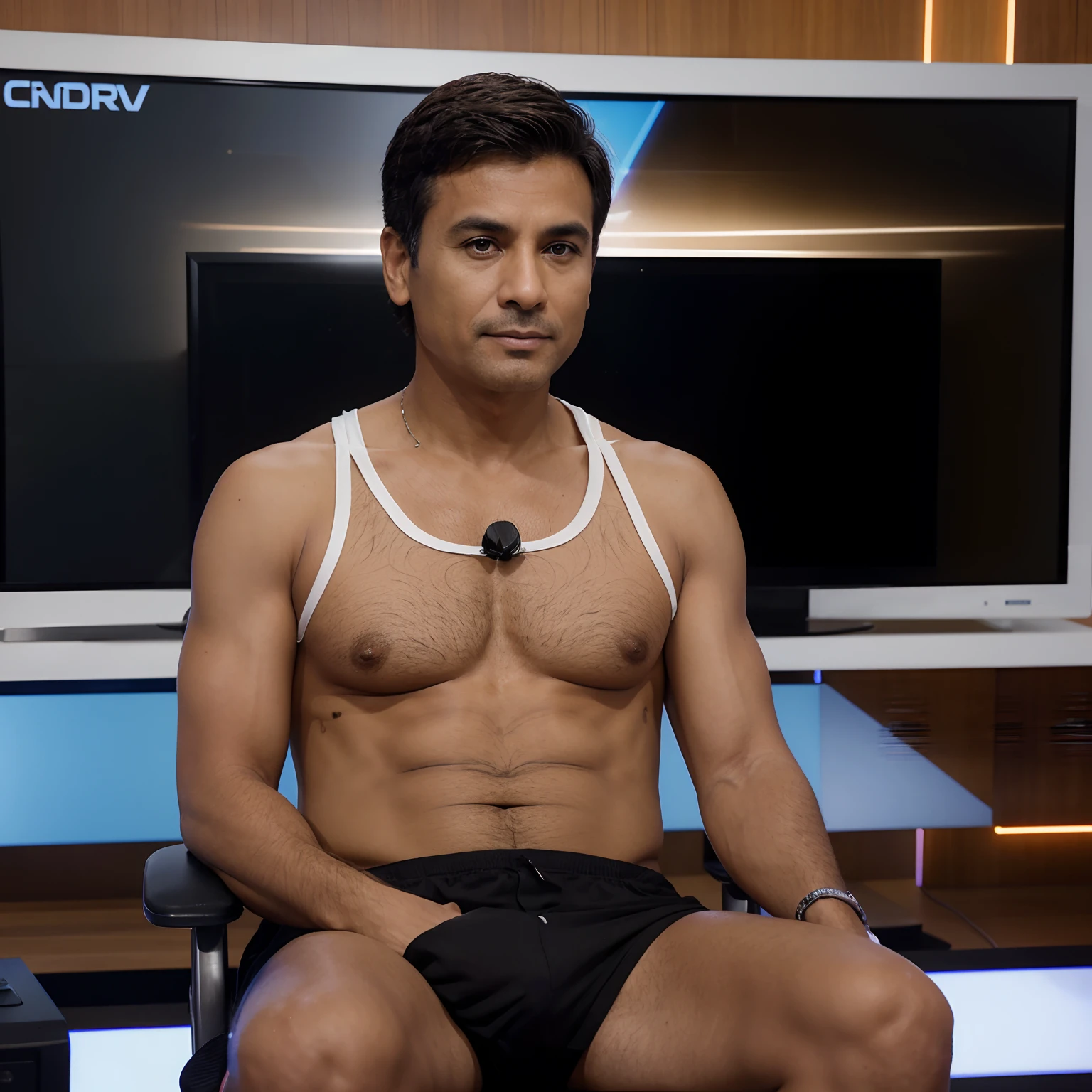 Creating an avatar of a 50-year-old male with short hair, tanned skin, sitting, hosting a television news program.
In the background as the set, there's a large electrical circuit panel and a big TV screen with "Capivara News" written on it.