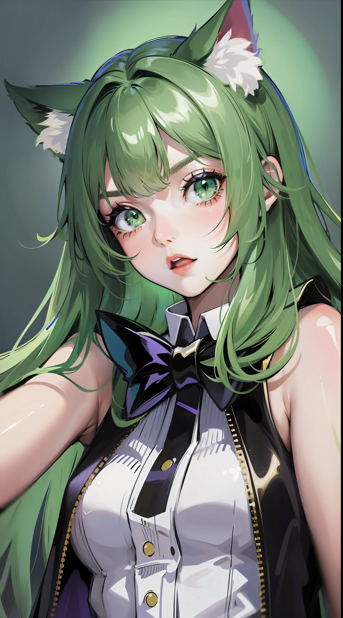 Young girl, long green hair, green eyes, cat ears, sleeveless combat dress, bow, serious look, masterpiece, high quality