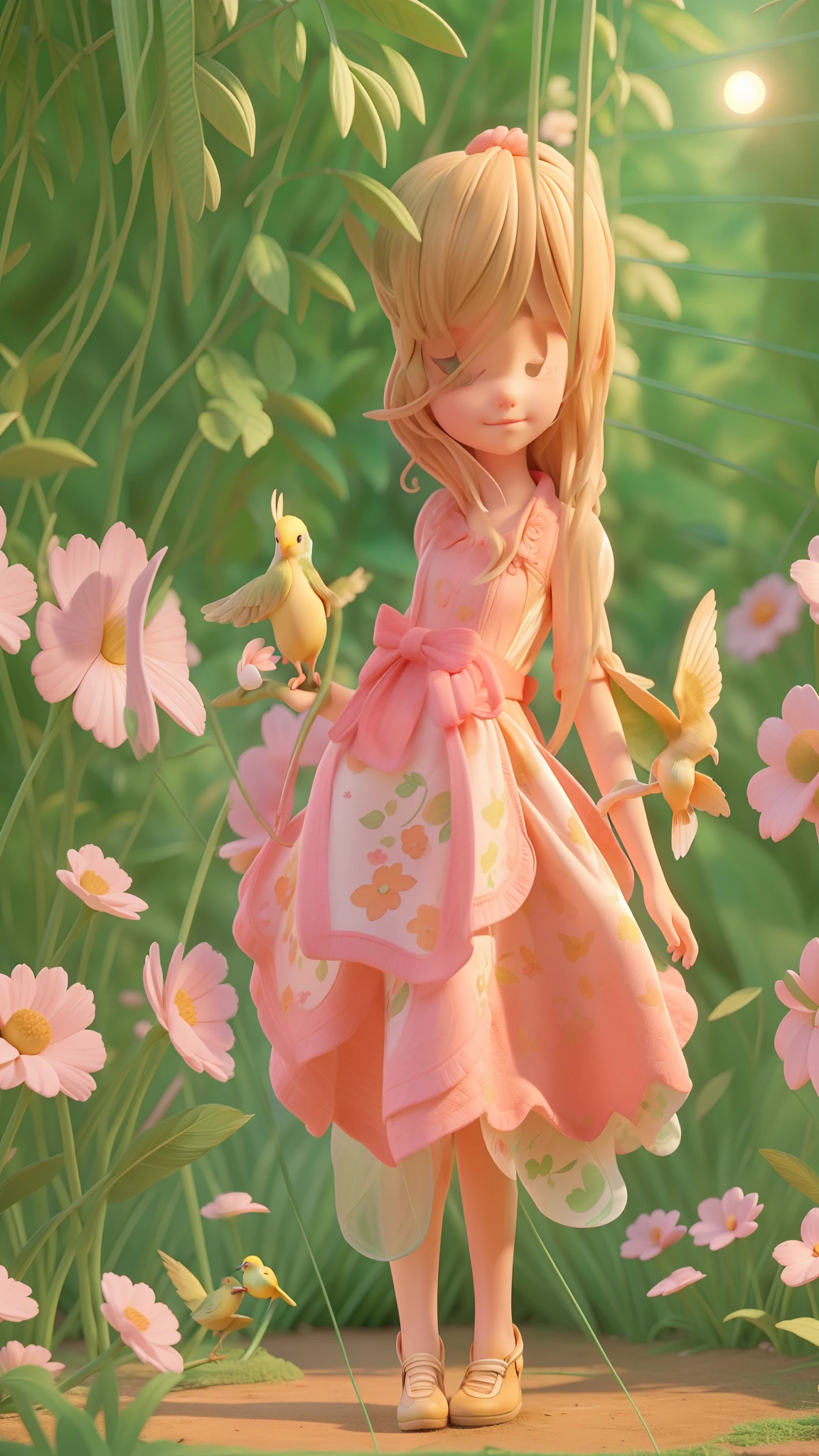 (bright sun in the background), (anthill in the garden), (extremely detailed CG 8k wallpaper unit, best quality, masterpiece), high resolution, beautiful and stunning, amazing colors, (1girl), bird watching on a large tree, large trees with lush leaves, (many birds: 1.2), calm and peaceful environment, morning light, fresh air, sound of nature. Girl looking birds in beautiful trees