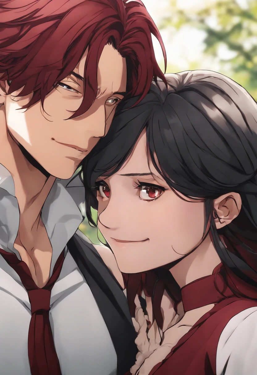 Shouta Aizawa from my hero academia with a pretty young woman who has a dark red dye