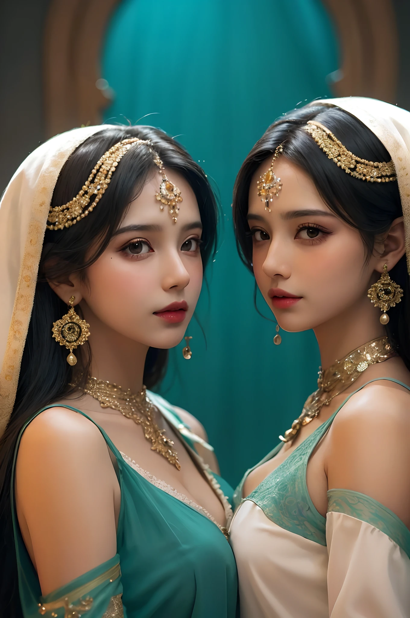 Two very beautiful Saudi girls,leering:1.4, Hair_decorations, jewelry,full bodyesbian,Best quality, Masterpiece, 超高分辨率, (Photorealistic:1.4)In the dark, deepshadow, low tune,Upper body