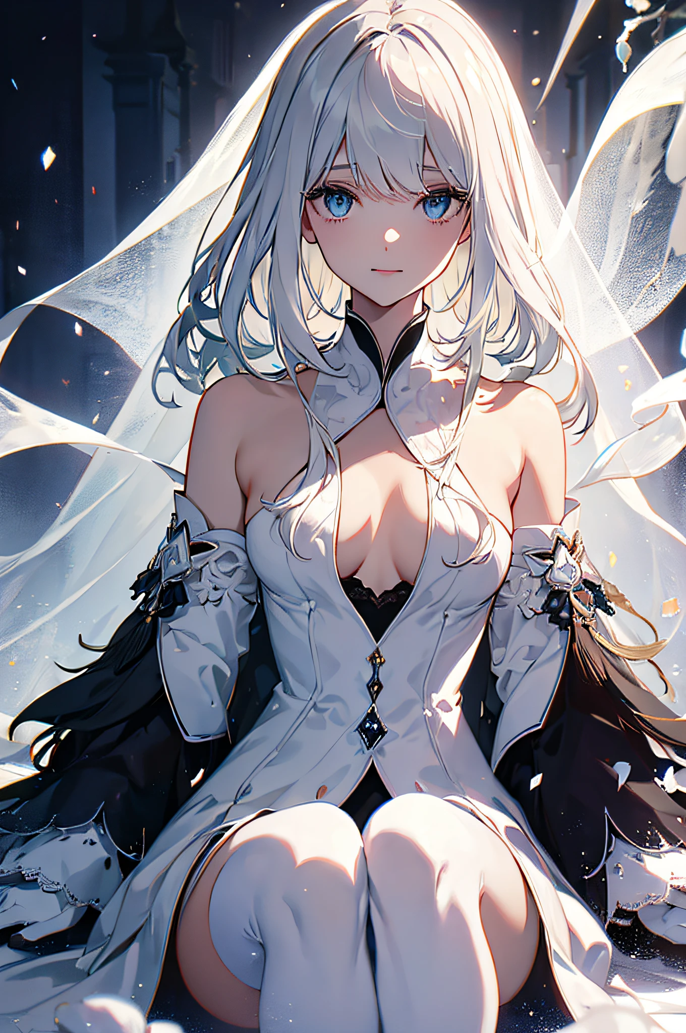 best quality,ultra-detailed,white hair,gloves,portrait,soft lighting,delicate details,realistic skin texture, smile,vibrant colors,fine brushstrokes,luminous background,ethereal atmosphere,impeccable makeup,graceful pose,gentle personality,sleek design,high fashion,classic elegance,subtle patterns,textured fabric,dark background,contrast,contrast,contrast,meticulous attention to detail,neutral color palette,dreamy vibe,sublime beauty,sophisticated style,subdued lighting,artistically composed,graceful movement,pure and refined aesthetics,high-class allure,emblem of sophistication,sublime charm,timeless elegance,radiant presence,exquisite craftsmanship,soft and ethereal imagery,sensual and mysterious,white lace veil,majestic and alluring silhouette,intense gaze.