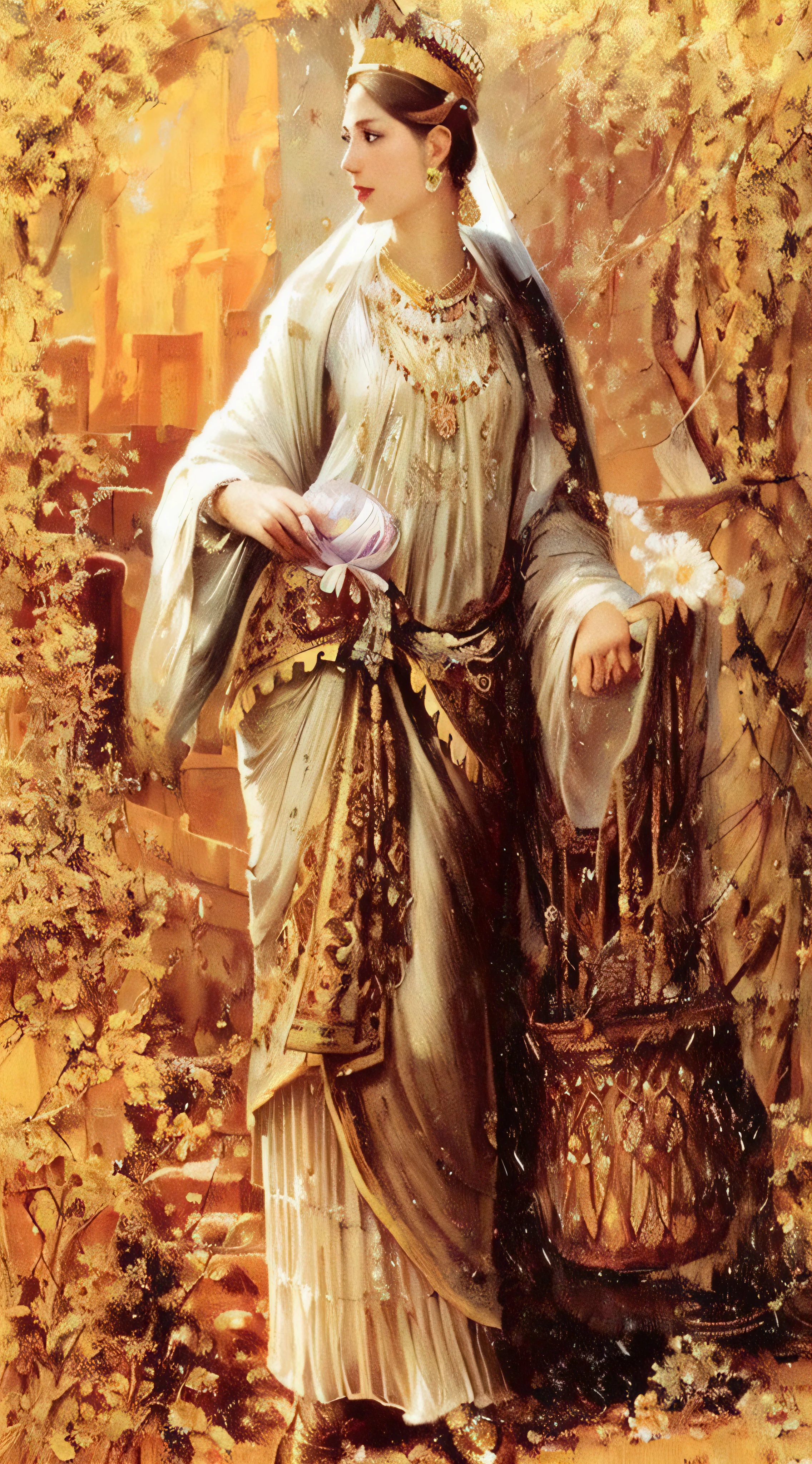 a painting of a woman in a white dress holding a basket, orientalism painting, ancient libu princess, orientalist, persian queen, orientalist painting, 1920s orientalism, persian princess, orientalisme, by George B. Bridgman, orientalism, by Rudolf Ernst, lady of elche, inspired by Rudolf Ernst, wearing ornate clothing