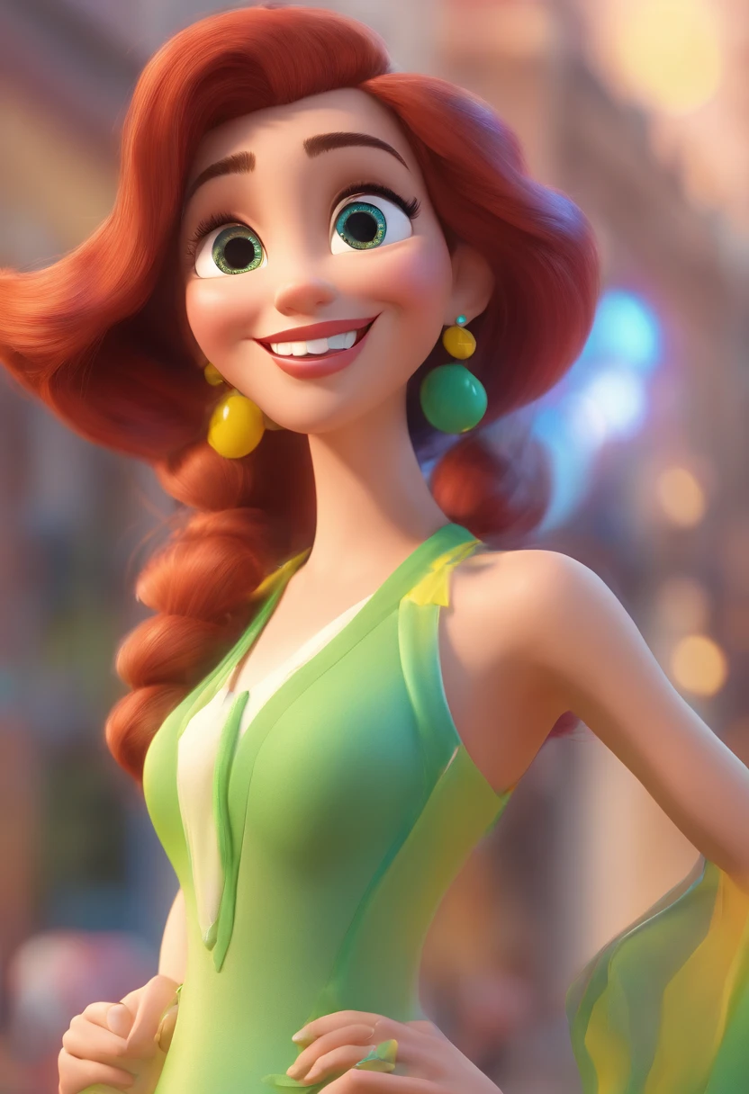 crie um banner no estilo Pixar. A woman with Brazilian features, estilo disney pixar, morena parda com cabelos longos caracolados, Castanhos escuros, Curly and slightly grayish appearance, mas jovem, usando um vestido azul pastel e verde pastel, usando um oculos redondo, estilo disney pixar 3d, animification