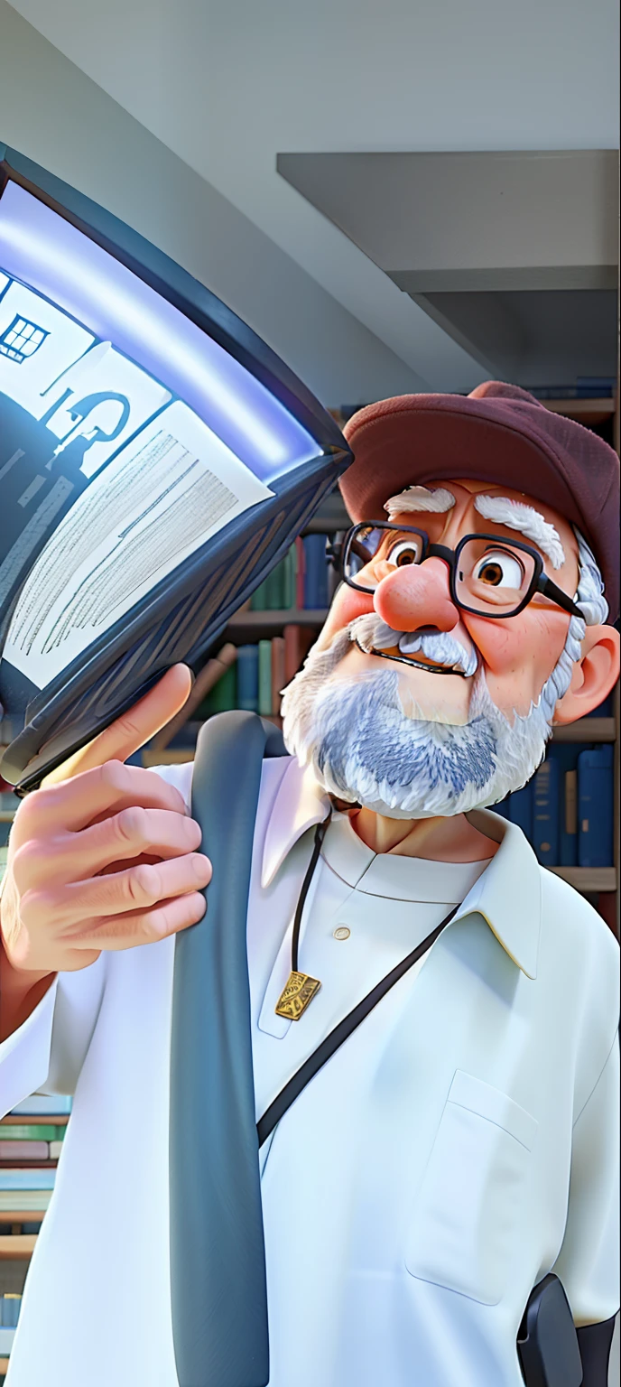 A wise old man standing in front, illuminated by the light of a lamp, against the backdrop of a library